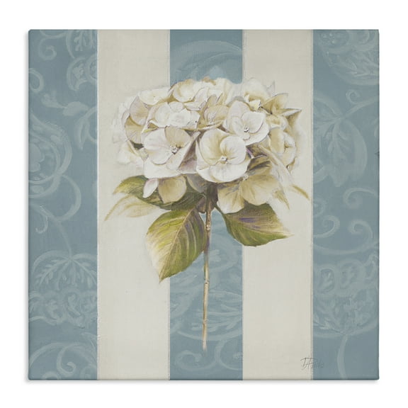 Stupell Industries Hydrangea Sprig on Stripes Plants & Flowers Painting Wrapped Canvas Art Print Wall Art, 17 x 17