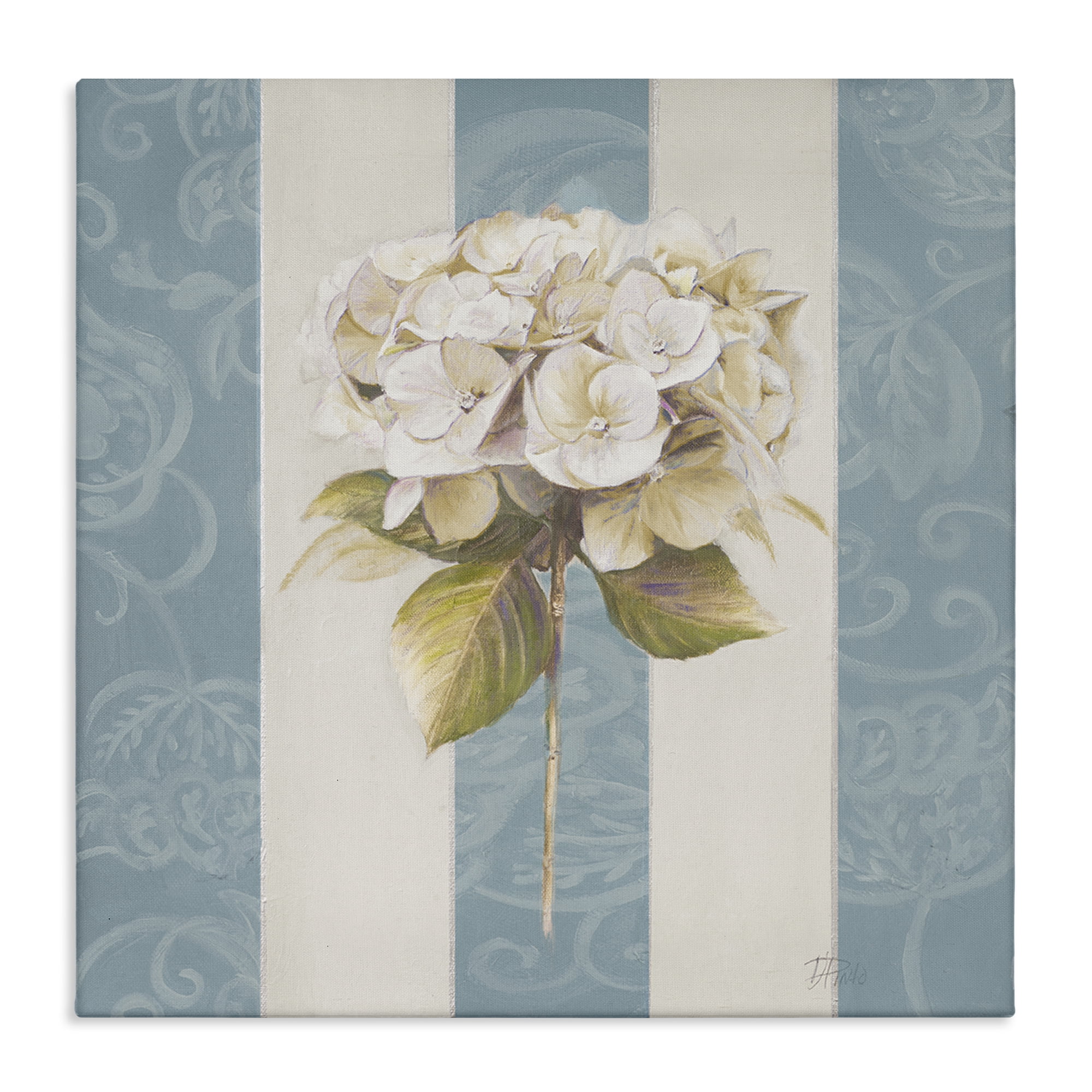 Stupell Industries Hydrangea Sprig on Stripes Plants & Flowers Painting Wrapped Canvas Art Print Wall Art, 36 x 36