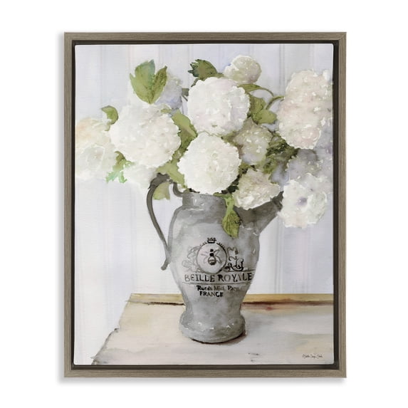 Stupell Industries Hydrangea in French Country Pitcher Botanical & Floral Painting Brown Floater Framed Canvas Art Print Wall Art, 25 x 31