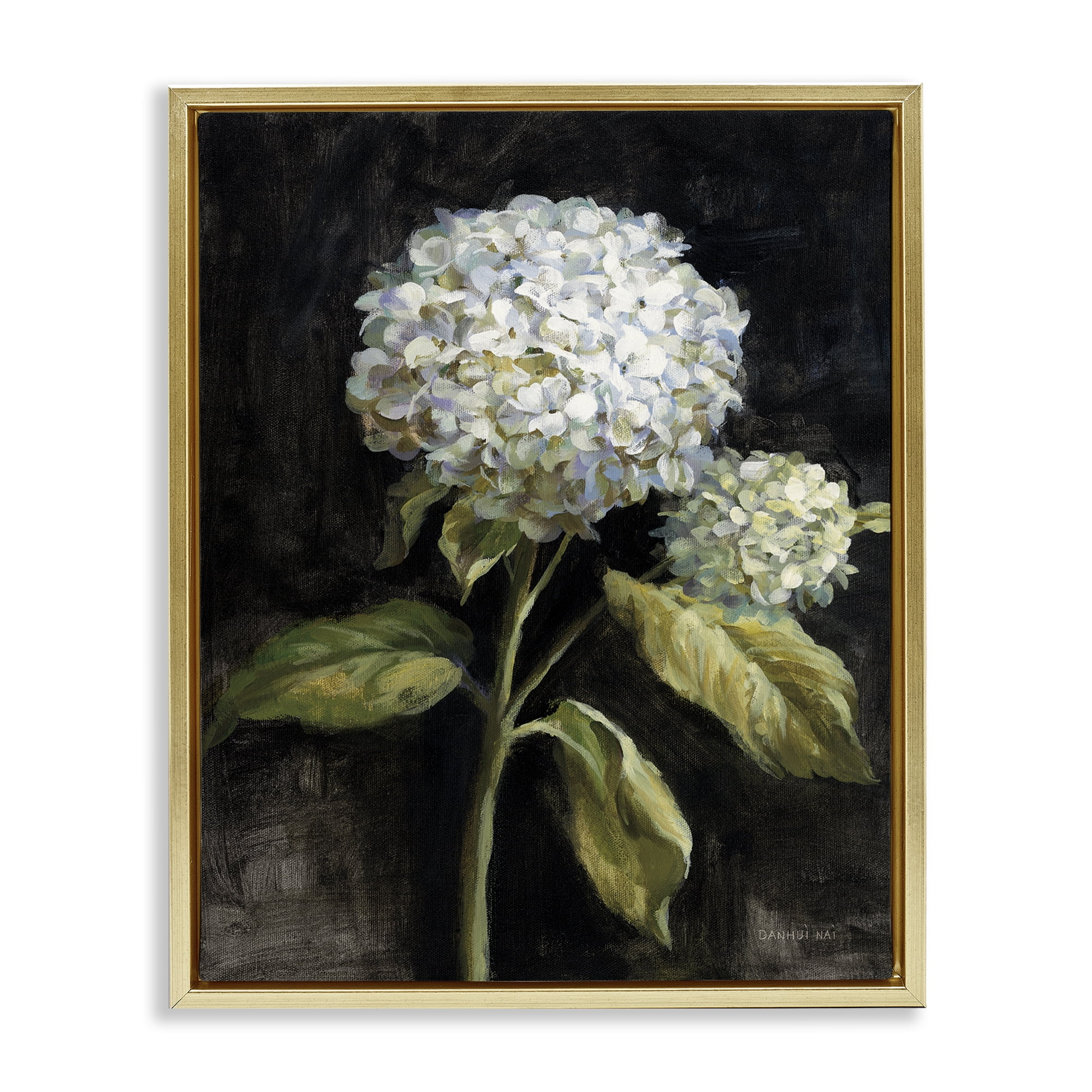 Stupell Industries Hydrangea on Black Plants & Flowers Painting Gold Floater Framed Canvas Art Print Wall Art, 25 x 31