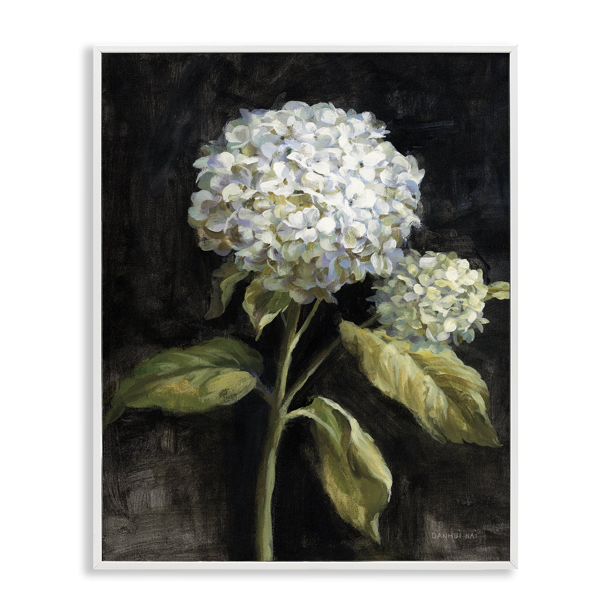Stupell Industries Hydrangea on Black Plants & Flowers Painting White Framed Art Print Wall Art, 16 x 20
