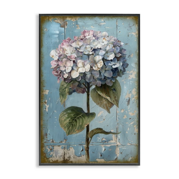 Stupell Industries Hydrangea on Distressed Plants & Flowers Painting Black Framed Art Print Wall Art, 12 x 18