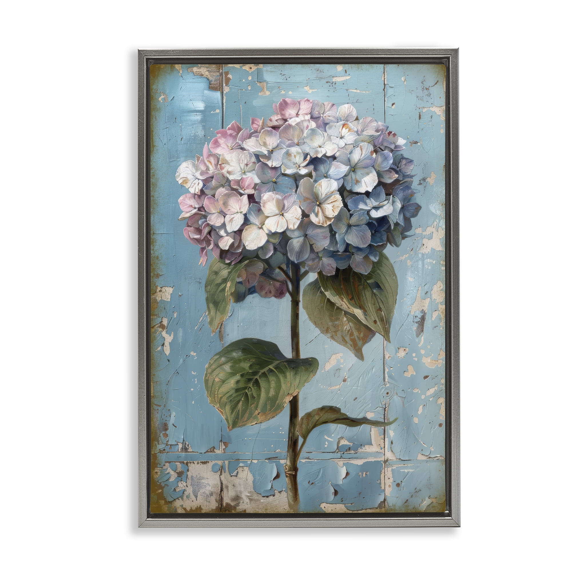 Stupell Industries Hydrangea on Distressed Plants & Flowers Painting Gray Floater Framed Canvas Art Print Wall Art, 21 x 31