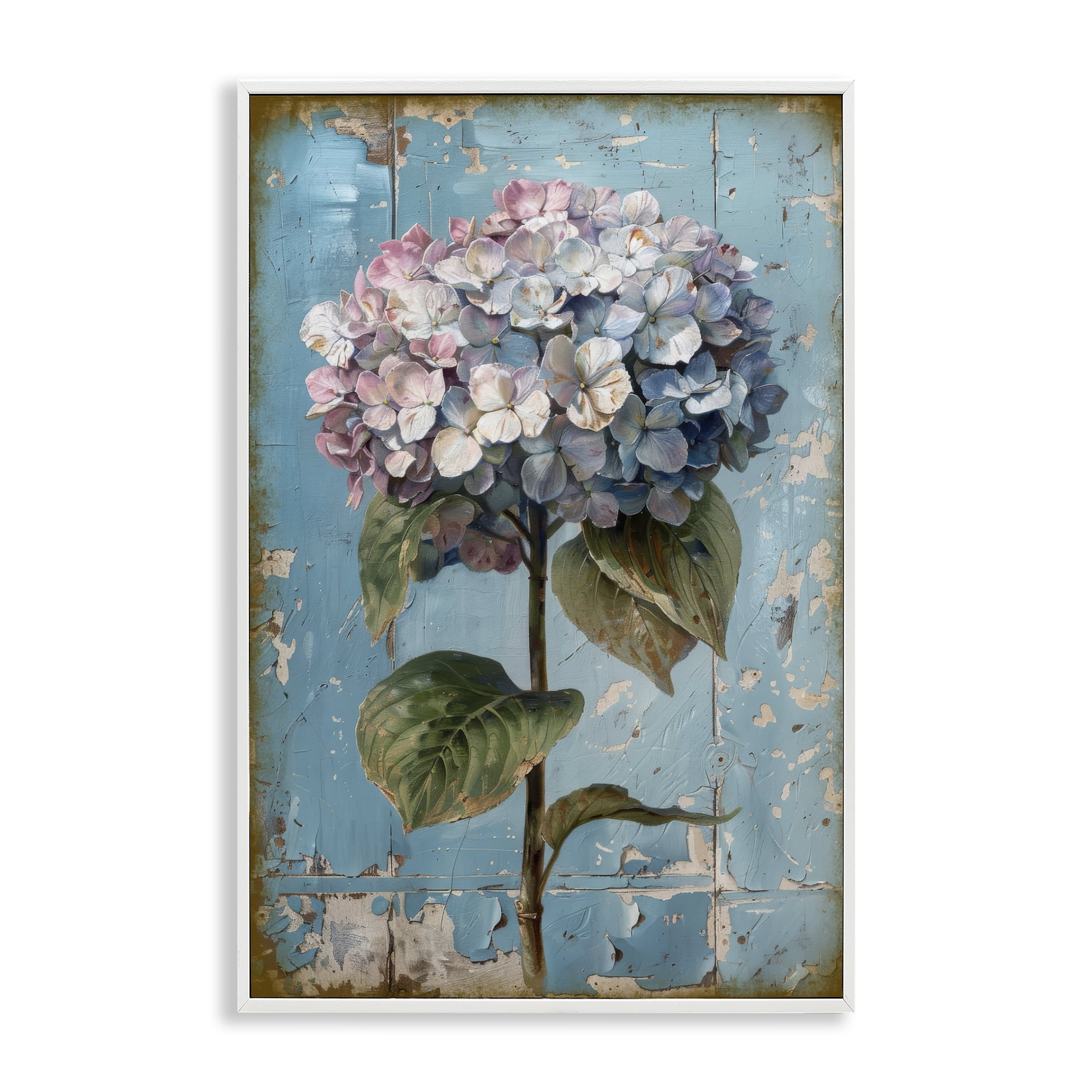 Stupell Industries Hydrangea on Distressed Plants & Flowers Painting White Framed Art Print Wall Art, 16 x 24