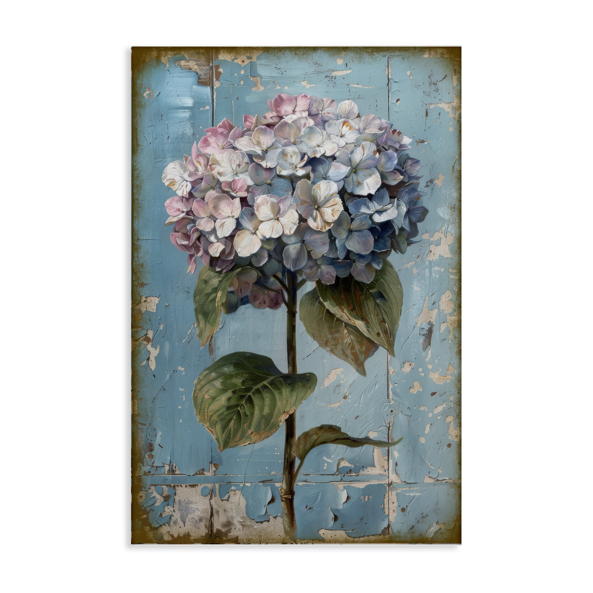 Stupell Industries Hydrangea on Distressed Plants & Flowers Painting Wrapped Canvas Art Print Wall Art, 24 x 36