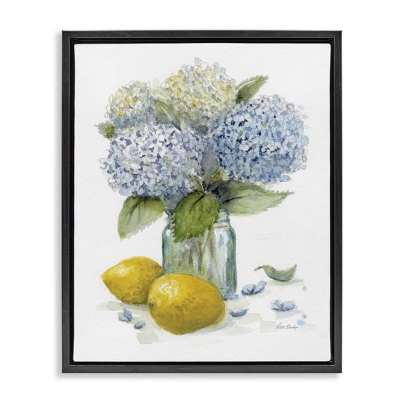 Stupell Industries Hydrangeas & Lemons Vase Floral Painting Black Floater Framed Canvas Art Print Wall Art, 17 x 21