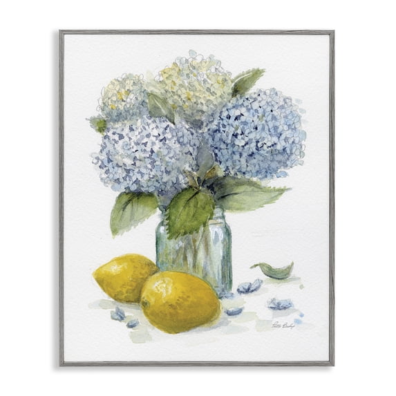 Stupell Industries Hydrangeas & Lemons Vase Floral Painting Gray Framed Art Print Wall Art, 16 x 20