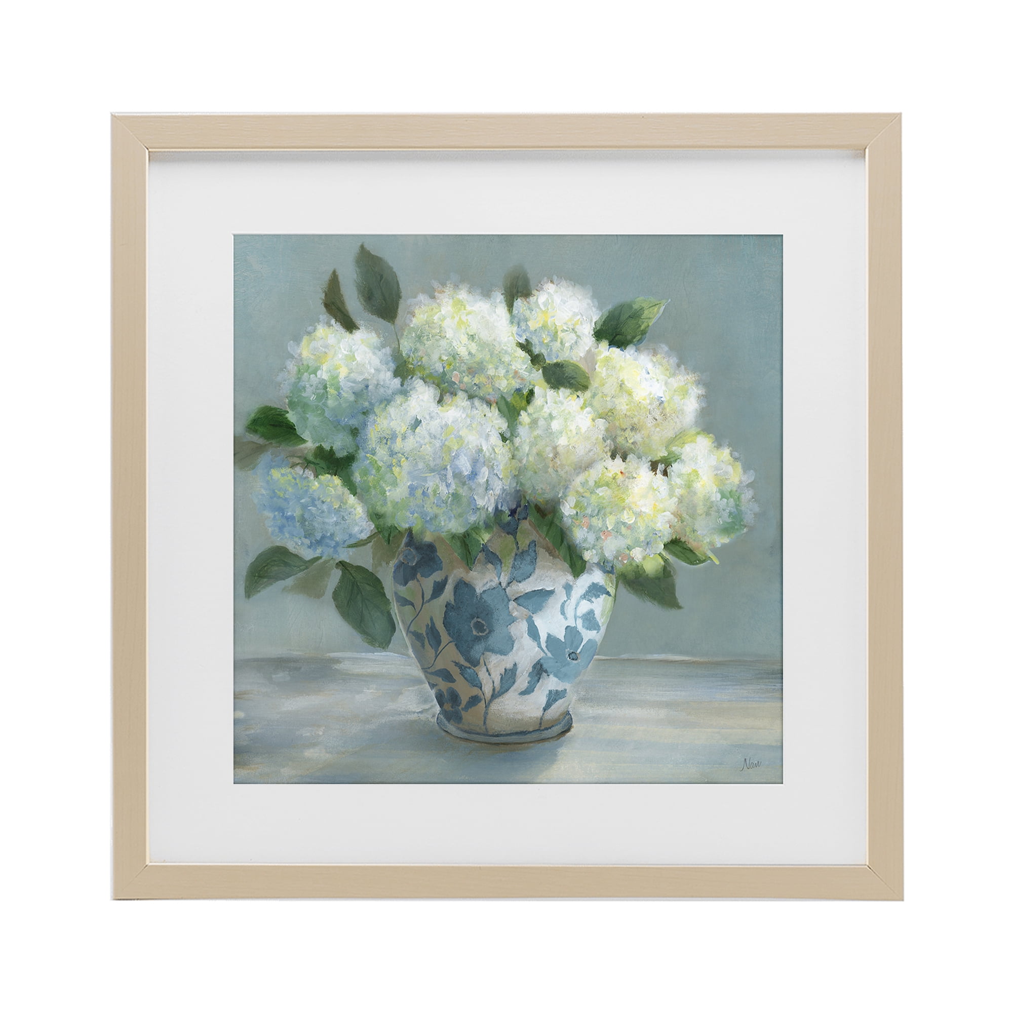 Stupell Industries Hydrangeas in Elegant Vase Birch Framed Print Under Glass, design by Nan