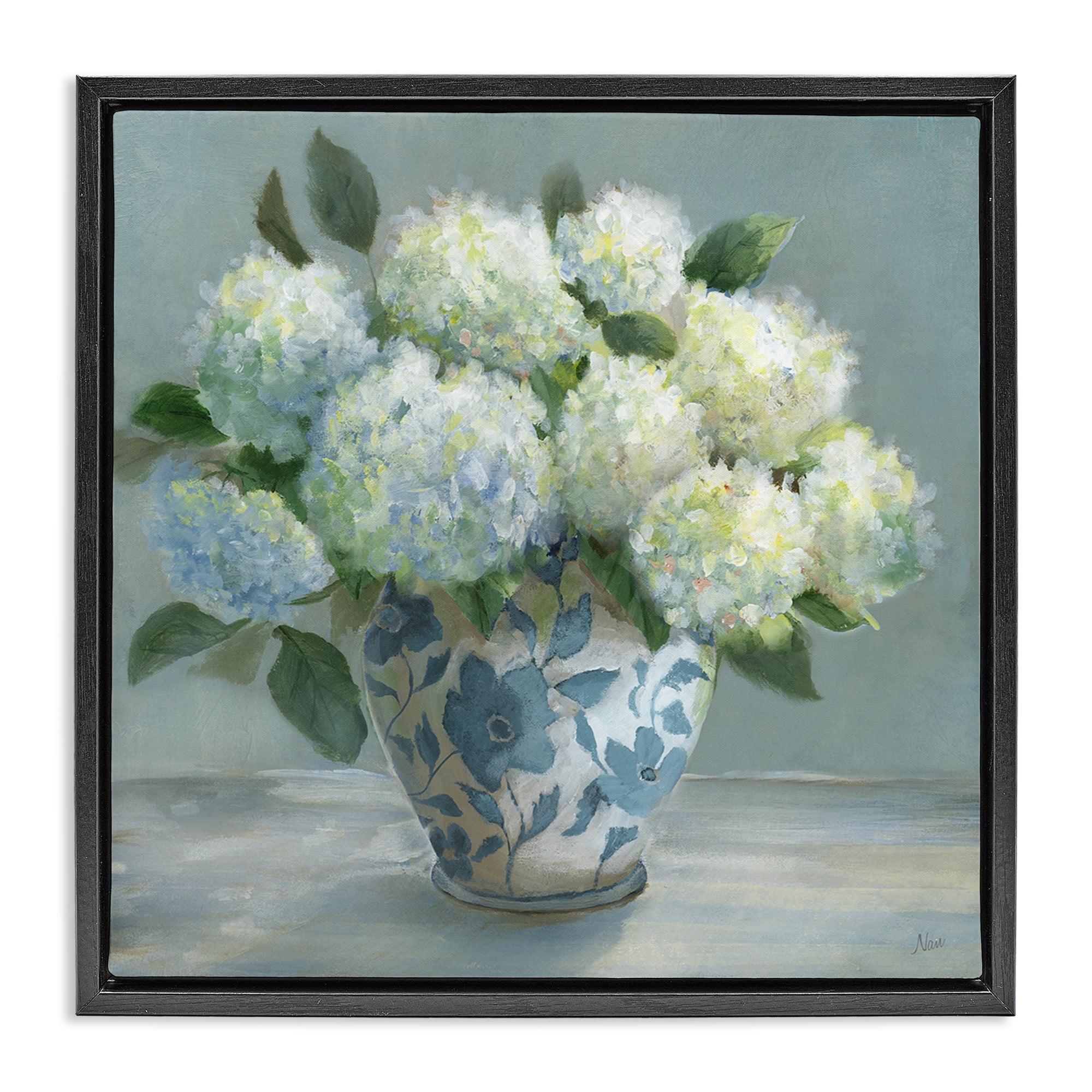 Stupell Industries Hydrangeas in Elegant Vase Black Framed Floater Canvas Wall Art, design by Nan