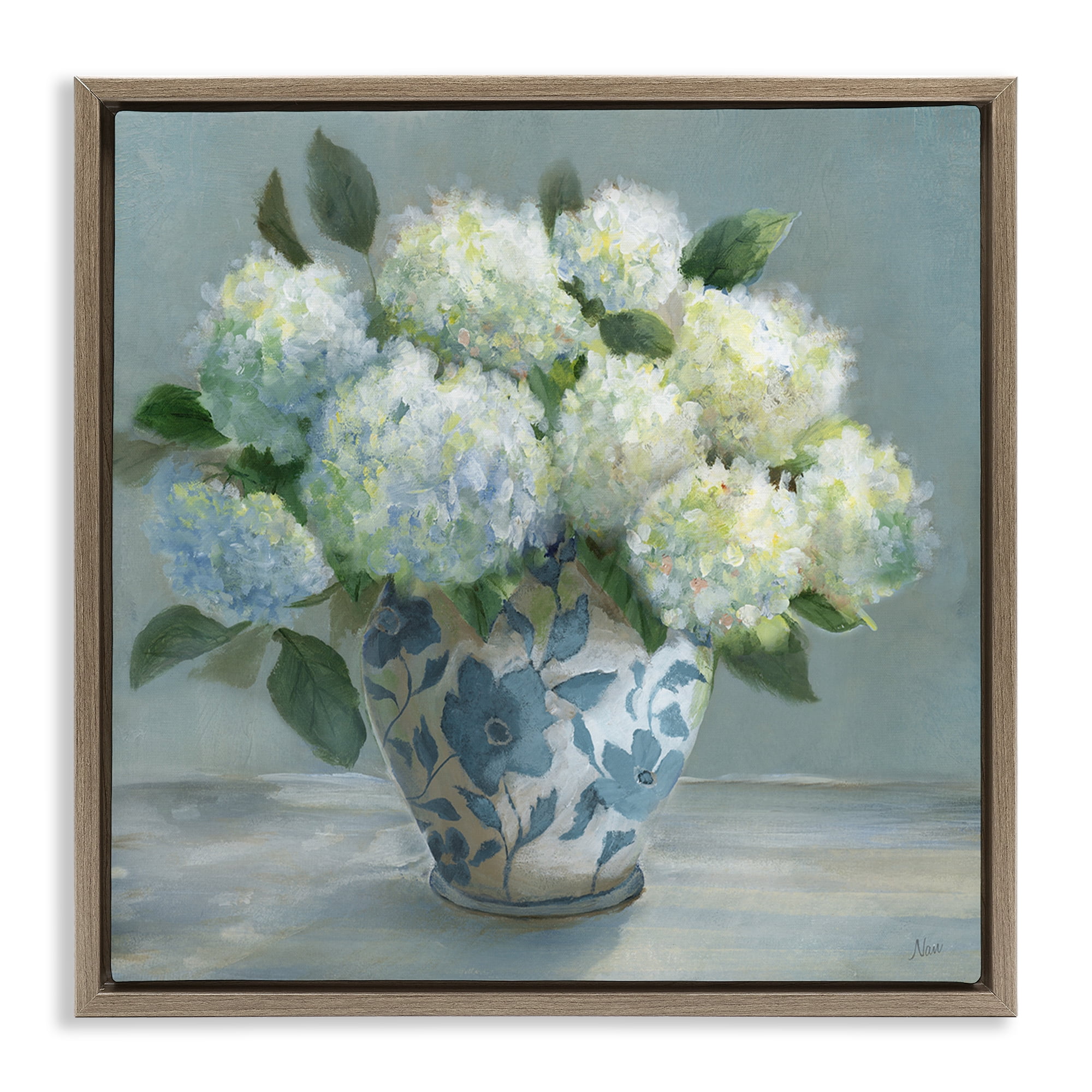 Stupell Industries Hydrangeas in Elegant Vase Brown Framed Floater Canvas Wall Art, design by Nan