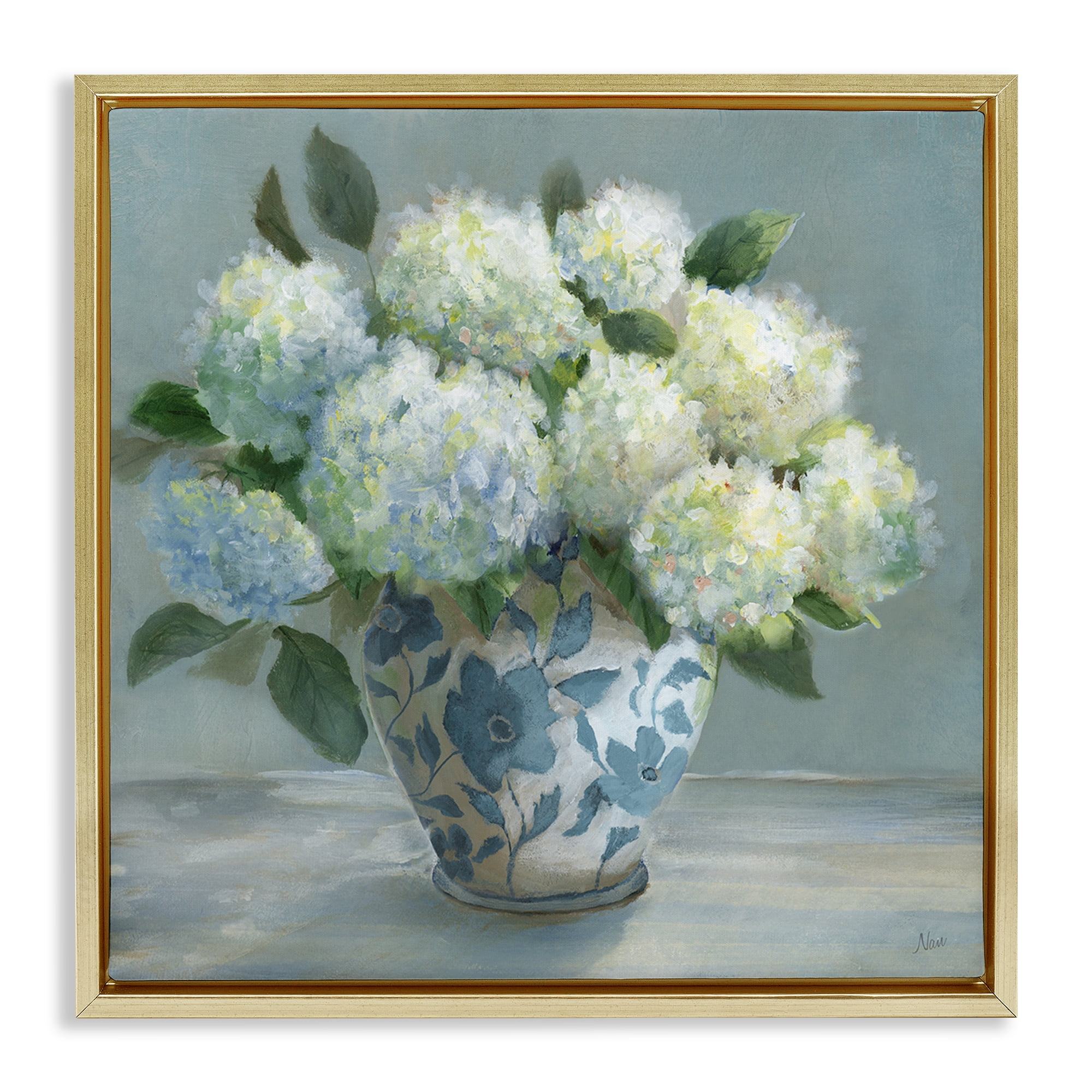 Stupell Industries Hydrangeas in Elegant Vase Gold Framed Floater Canvas Wall Art, design by Nan