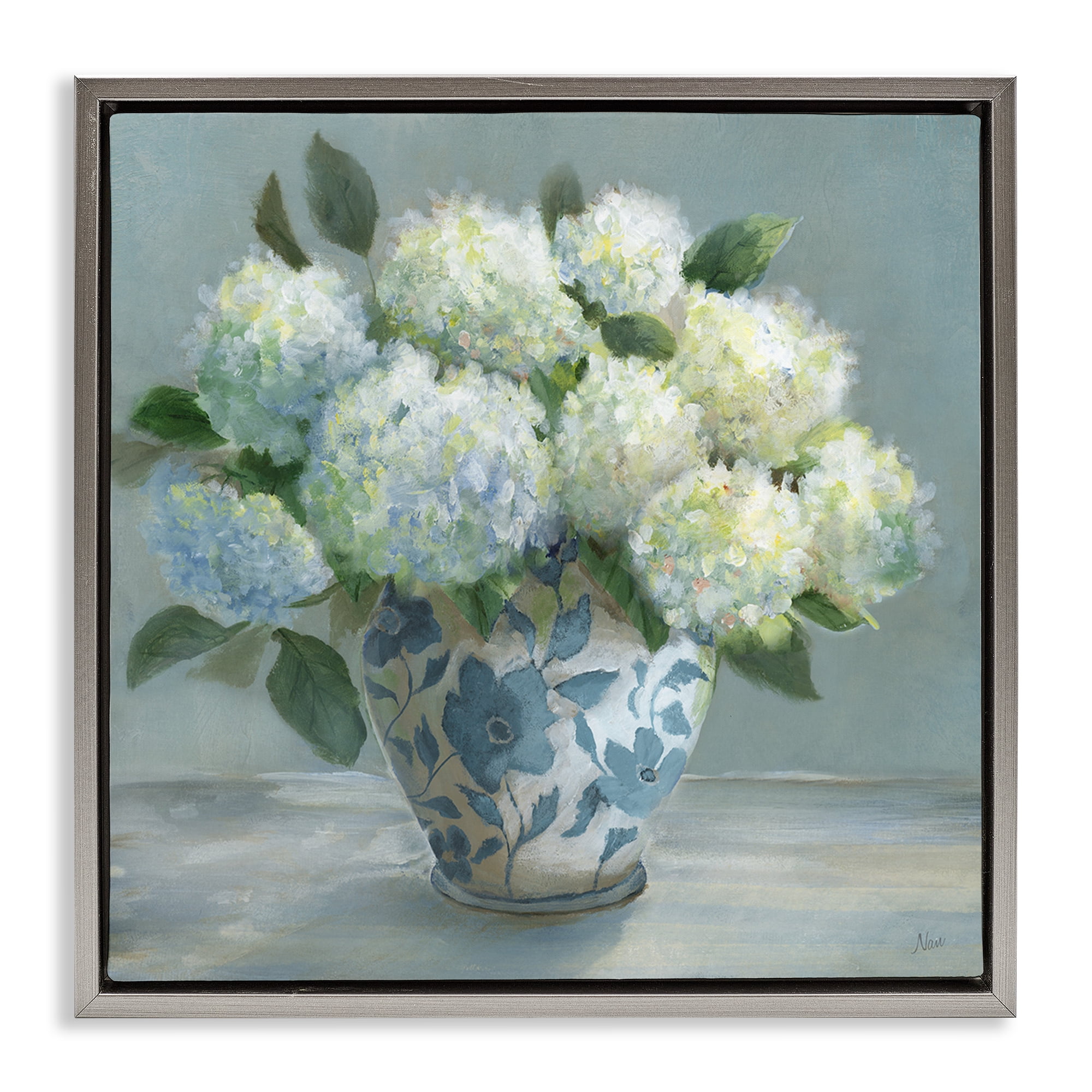 Stupell Industries Hydrangeas in Elegant Vase Gray Framed Floater Canvas Wall Art, design by Nan