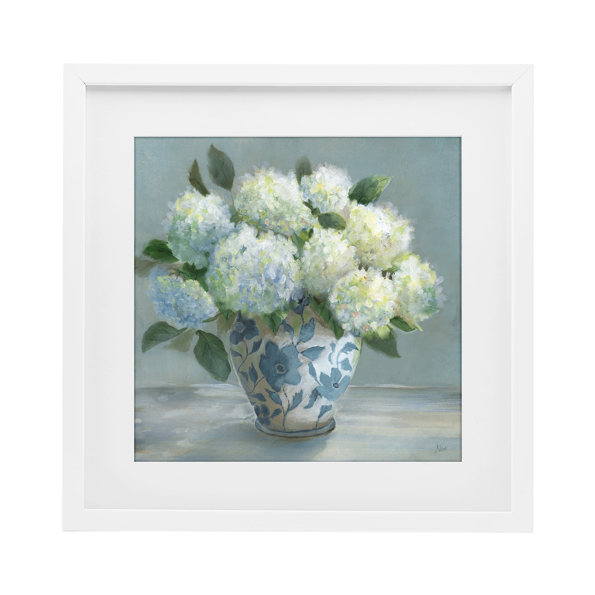 Stupell Industries Hydrangeas in Elegant Vase White Framed Print Under Glass, design by Nan
