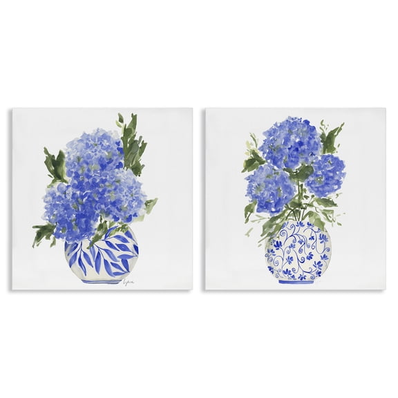Stupell Industries Hydrangeas in Ornate Vases Floral Painting Wrapped Canvas Canvas Art Print Wall Art, 17 x 17, Set of 2