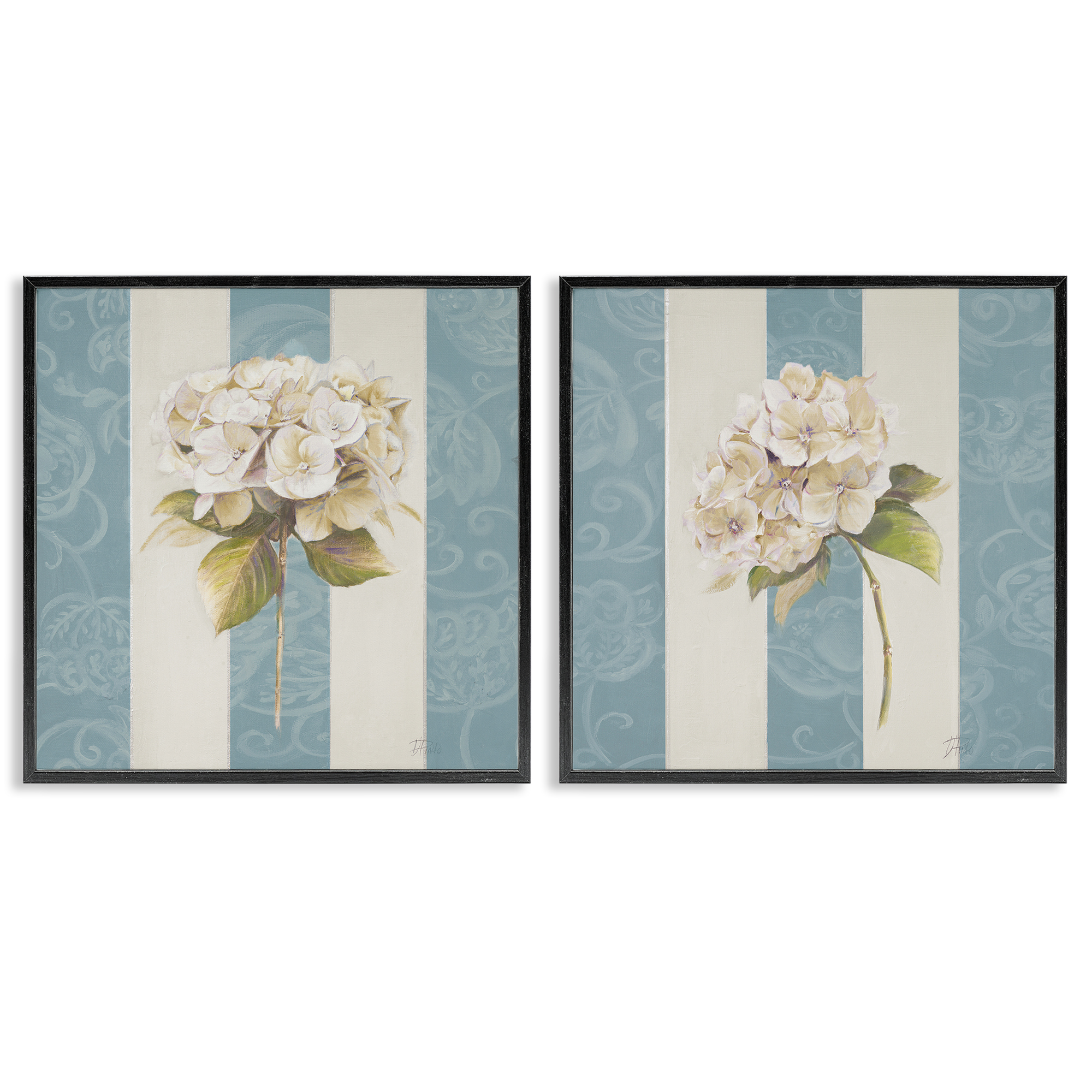 Stupell Industries Hydrangeas on Blue Strips Floral & Botanical Painting Black Framed Art Print Wall Art, 17 x 17, Set of 2