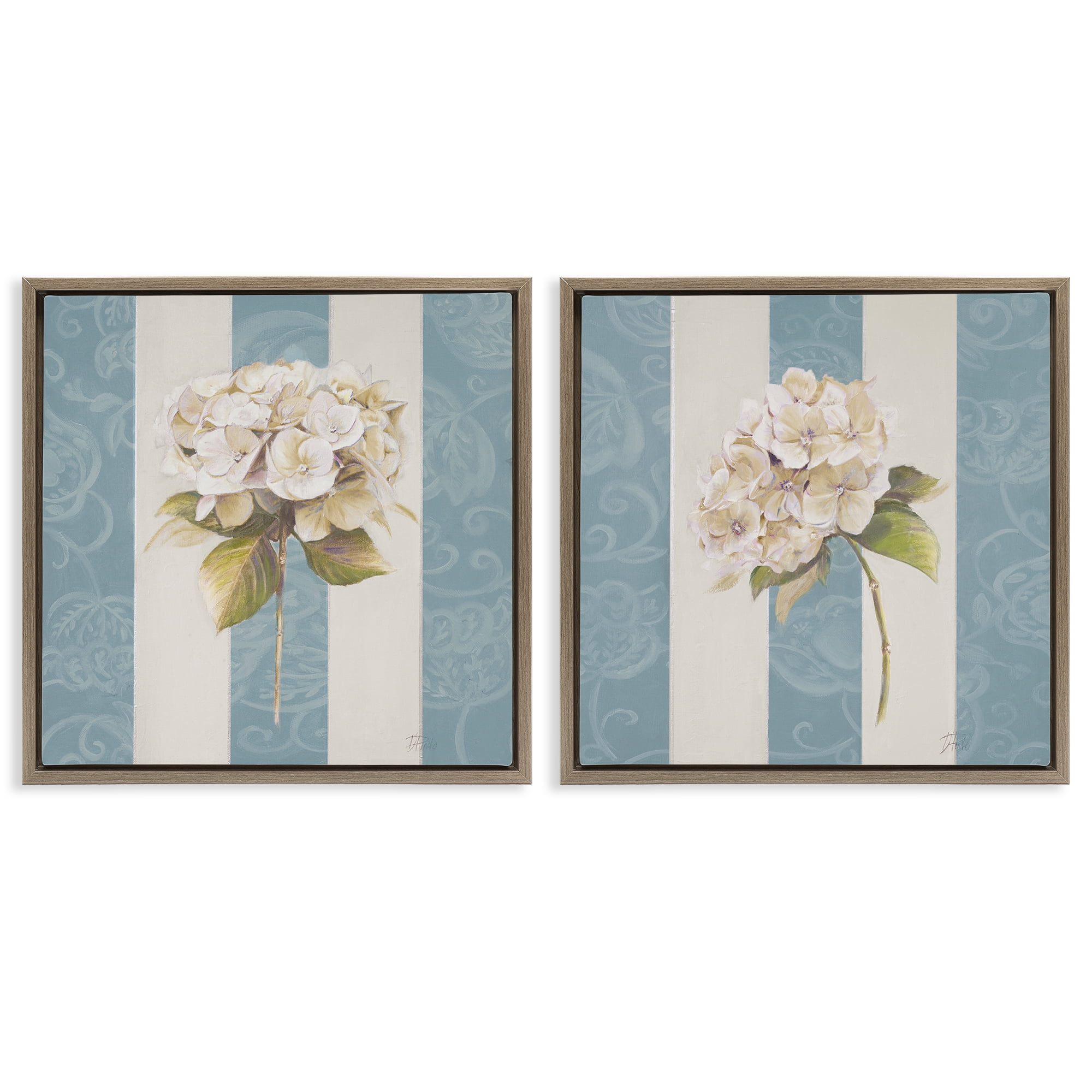 Stupell Industries Hydrangeas on Blue Strips Floral & Botanical Painting Brown Floater Framed Canvas Art Print Wall Art, 18 x 18, Set of 2