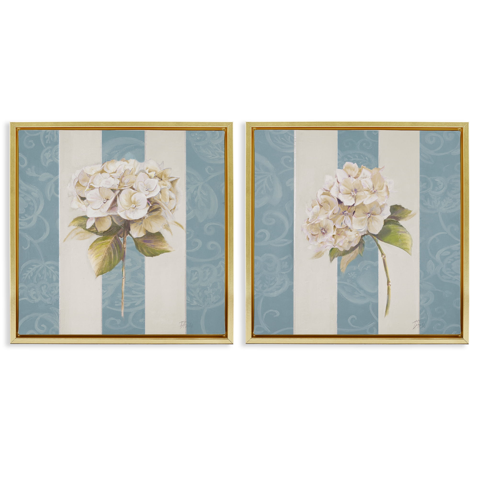 Stupell Industries Hydrangeas on Blue Strips Floral & Botanical Painting Gold Floater Framed Canvas Art Print Wall Art, 25 x 25, Set of 2
