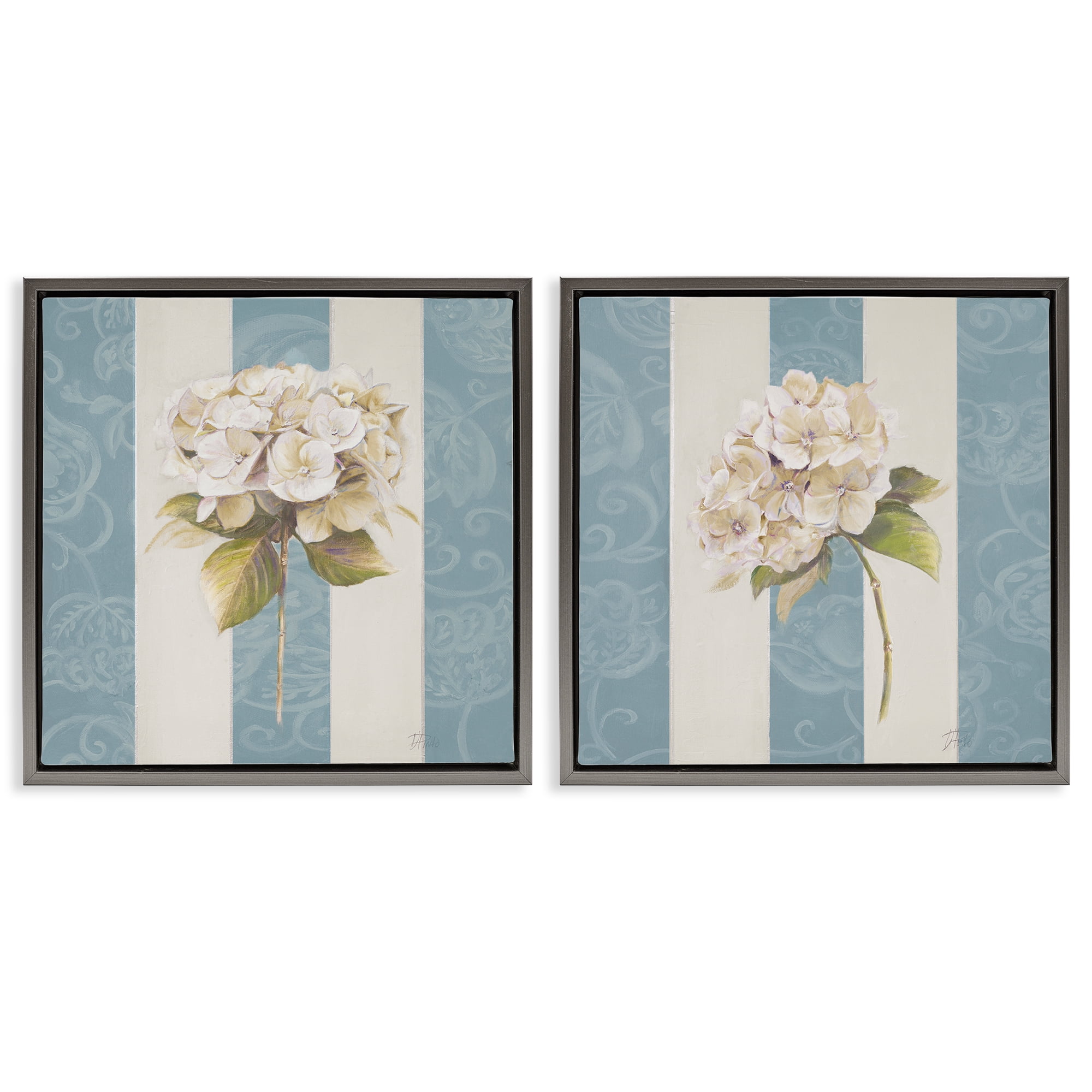 Stupell Industries Hydrangeas on Blue Strips Floral & Botanical Painting Gray Floater Framed Canvas Art Print Wall Art, 18 x 18, Set of 2