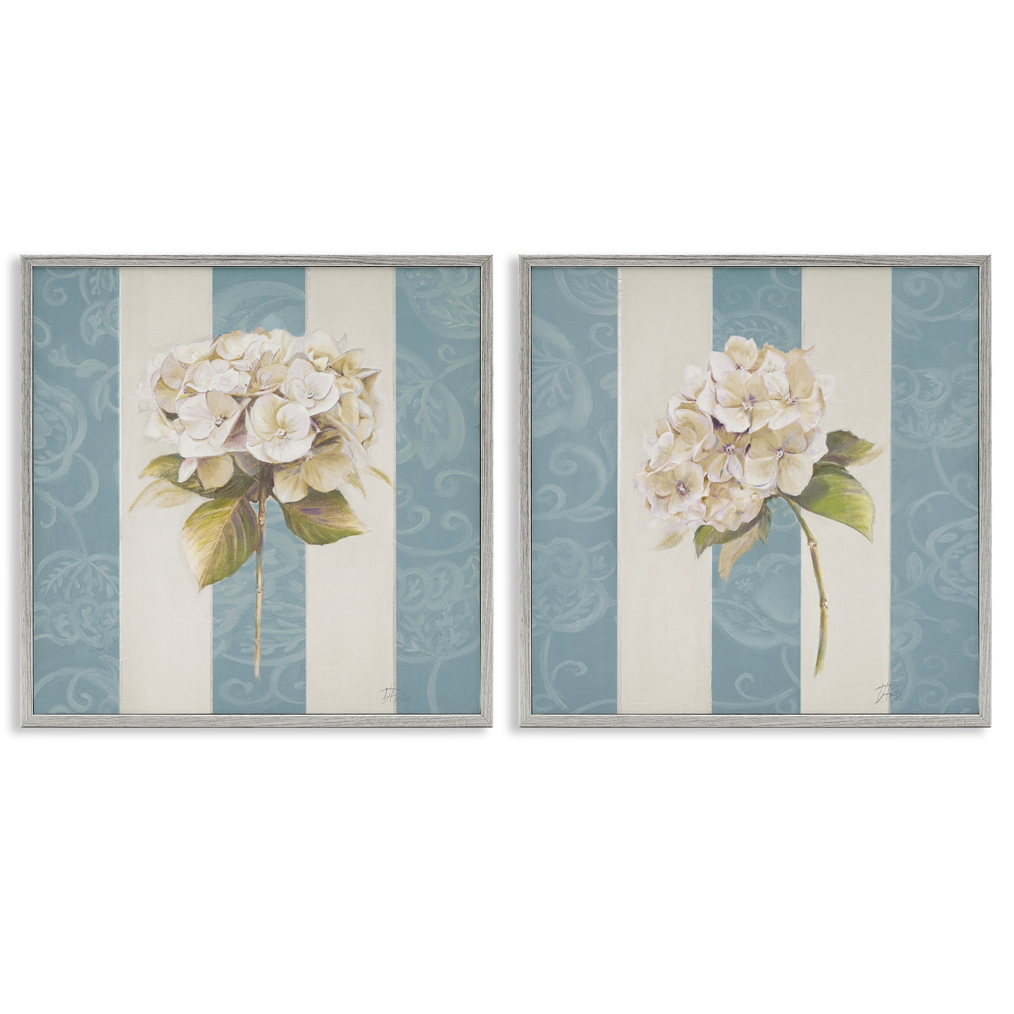 Stupell Industries Hydrangeas on Blue Strips Floral & Botanical Painting Gray Framed Art Print Wall Art, 12 x 12, Set of 2