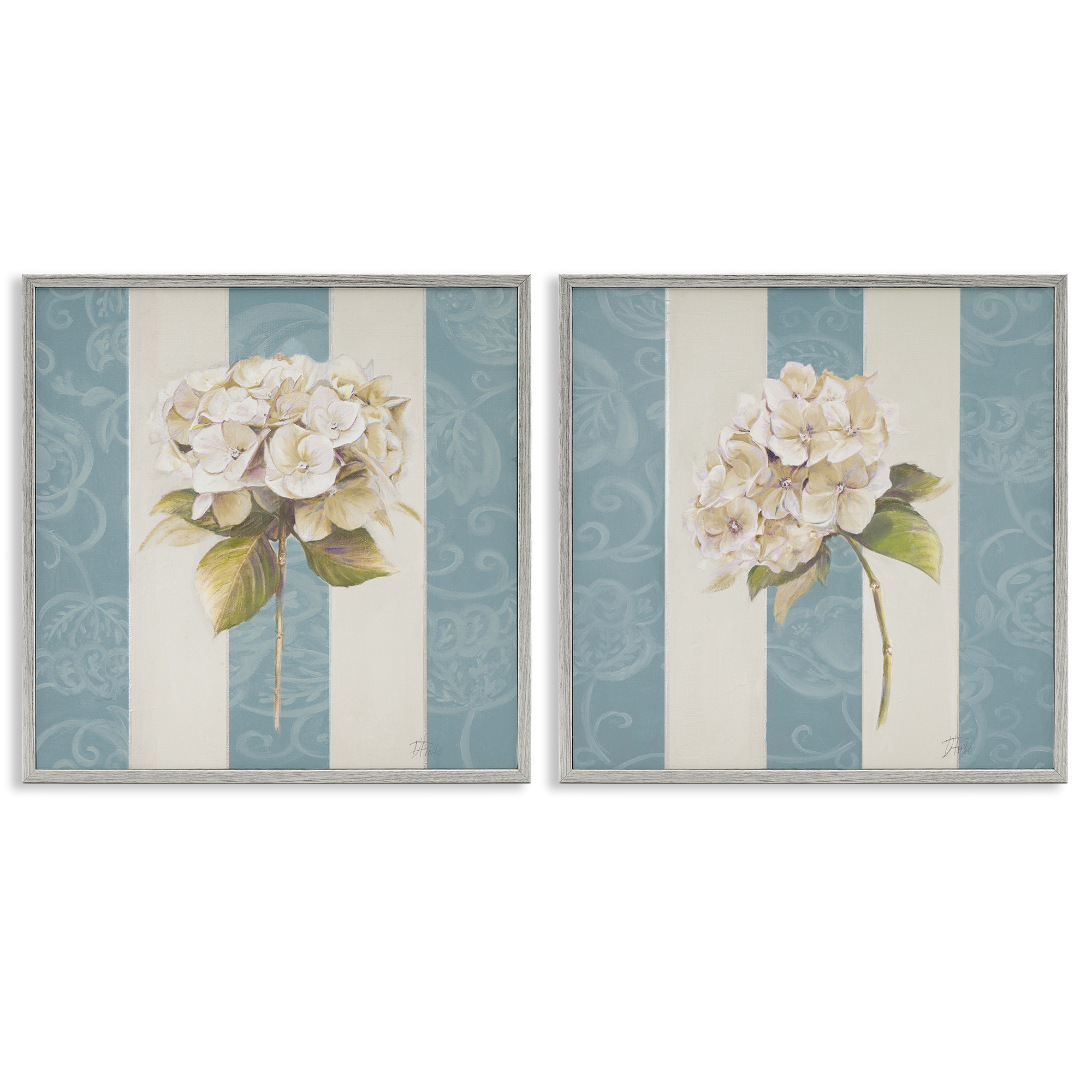 Stupell Industries Hydrangeas on Blue Strips Floral & Botanical Painting Gray Framed Art Print Wall Art, 24 x 24, Set of 2