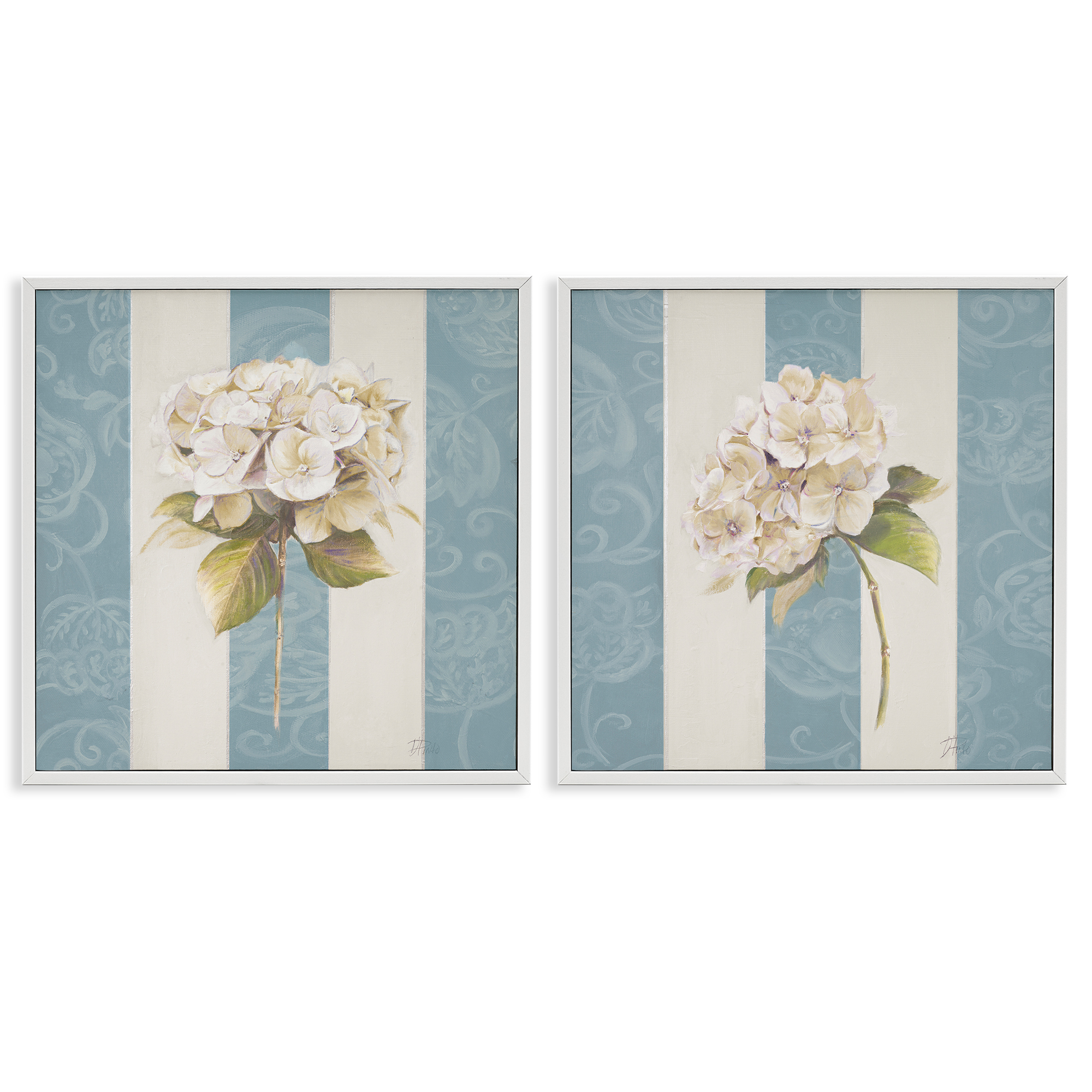 Stupell Industries Hydrangeas on Blue Strips Floral & Botanical Painting White Framed Art Print Wall Art, 17 x 17, Set of 2