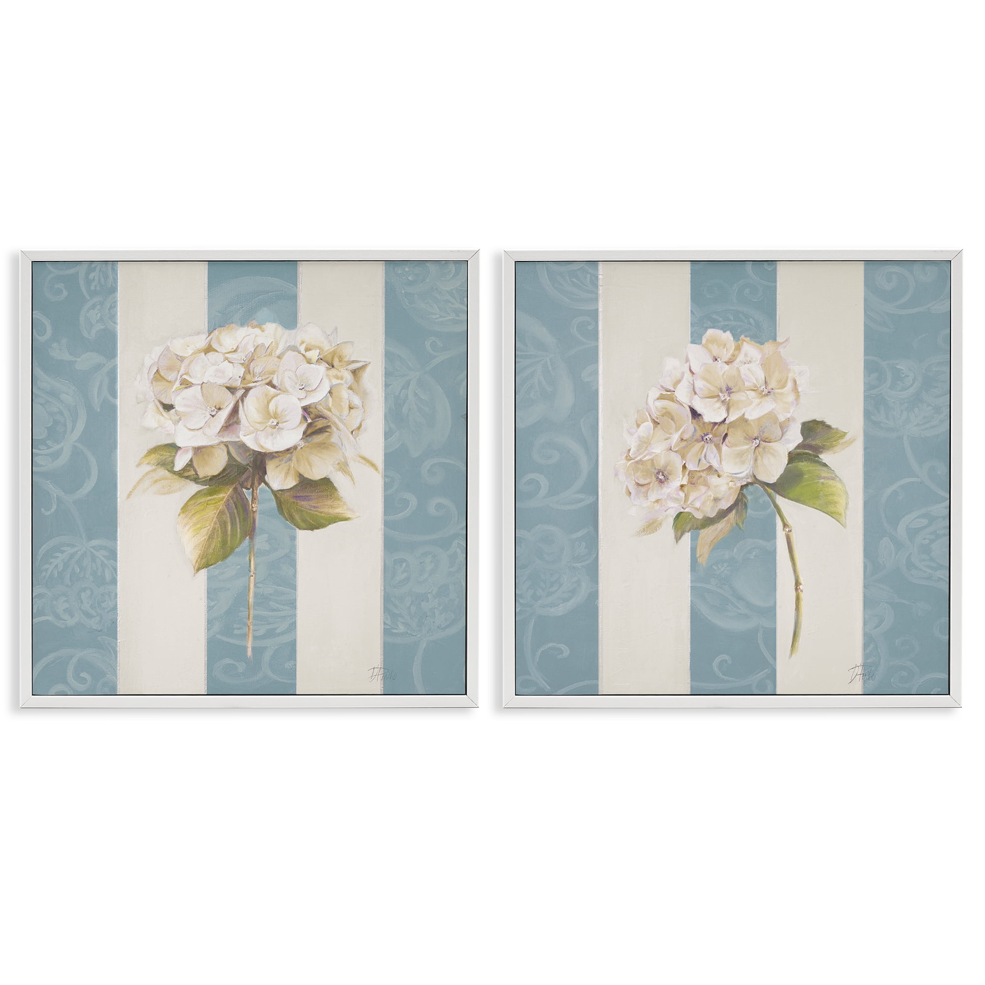 Stupell Industries Hydrangeas on Blue Strips Floral & Botanical Painting White Framed Art Print Wall Art, 24 x 24, Set of 2