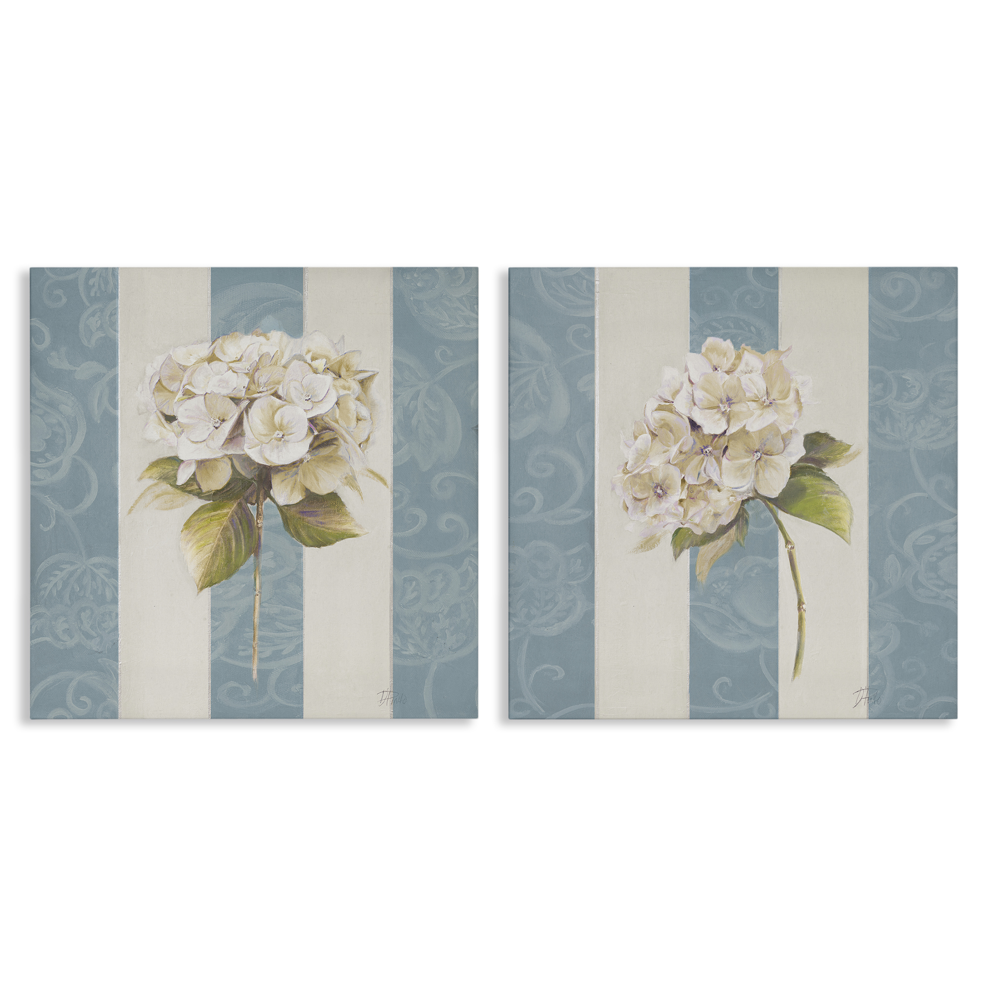 Stupell Industries Hydrangeas on Blue Strips Floral & Botanical Painting Wrapped Canvas Art Print Wall Art, 24 x 24, Set of 2