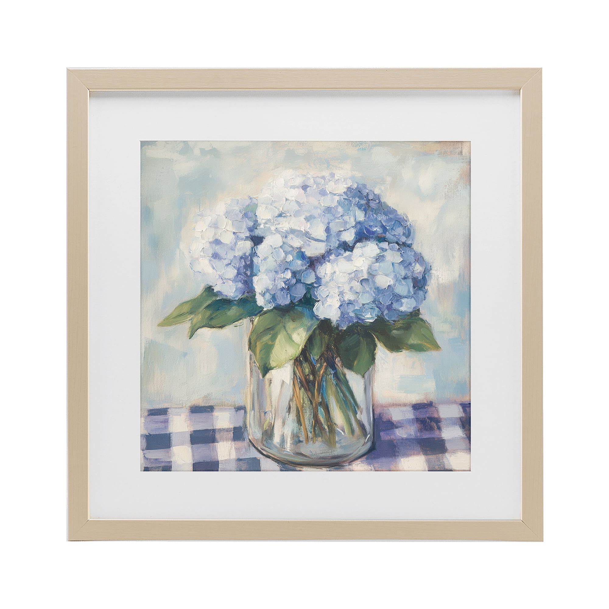 Stupell Industries Hydrangeas on Gingham Tablecloth Birch Framed Print Under Glass, design by Petal Prints Design