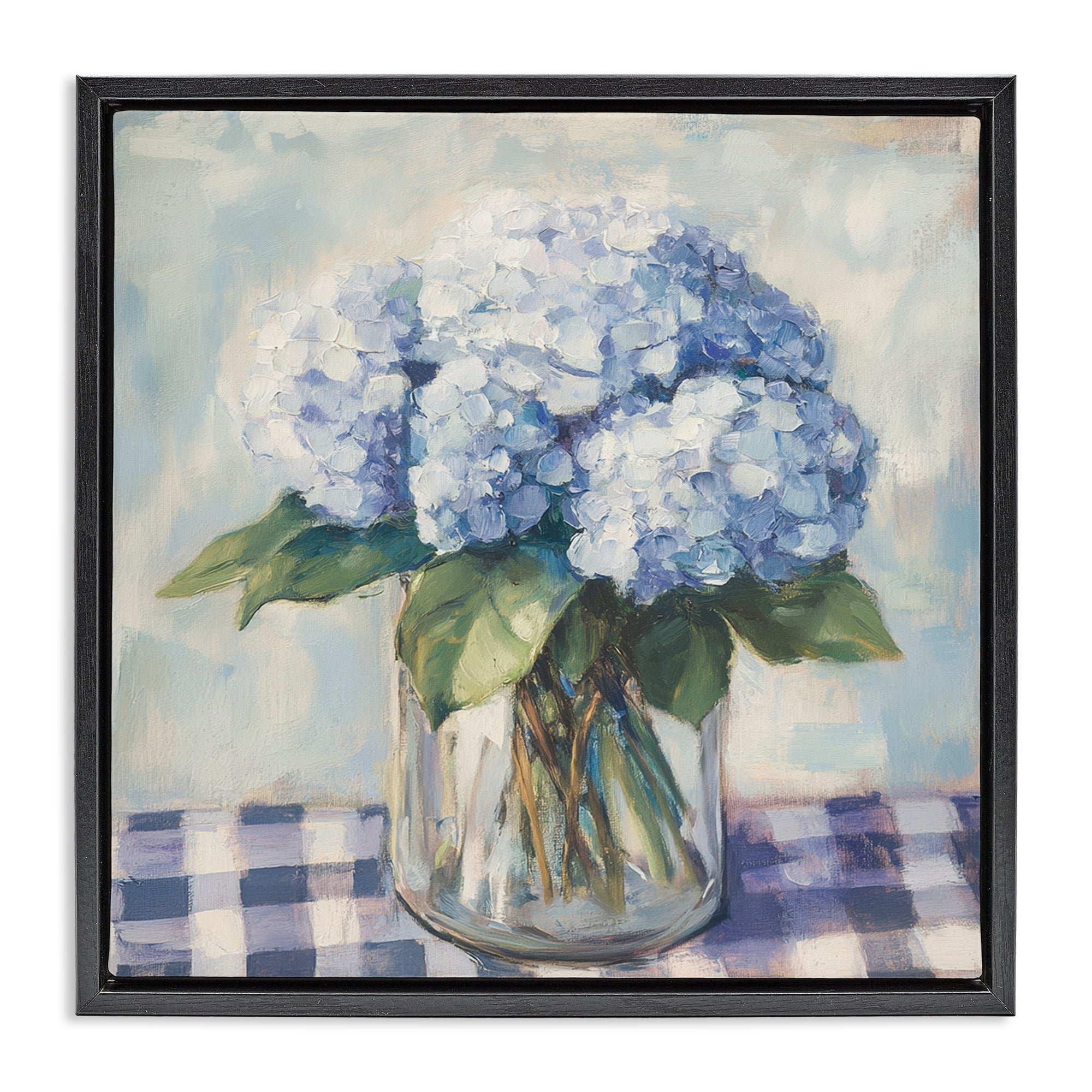 Stupell Industries Hydrangeas on Gingham Tablecloth Black Framed Floater Canvas Wall Art, design by Petal Prints Design