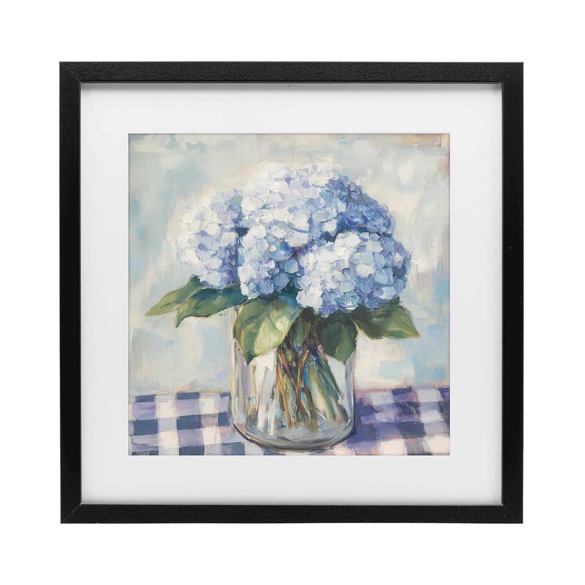Stupell Industries Hydrangeas on Gingham Tablecloth Black Framed Print Under Glass, design by Petal Prints Design