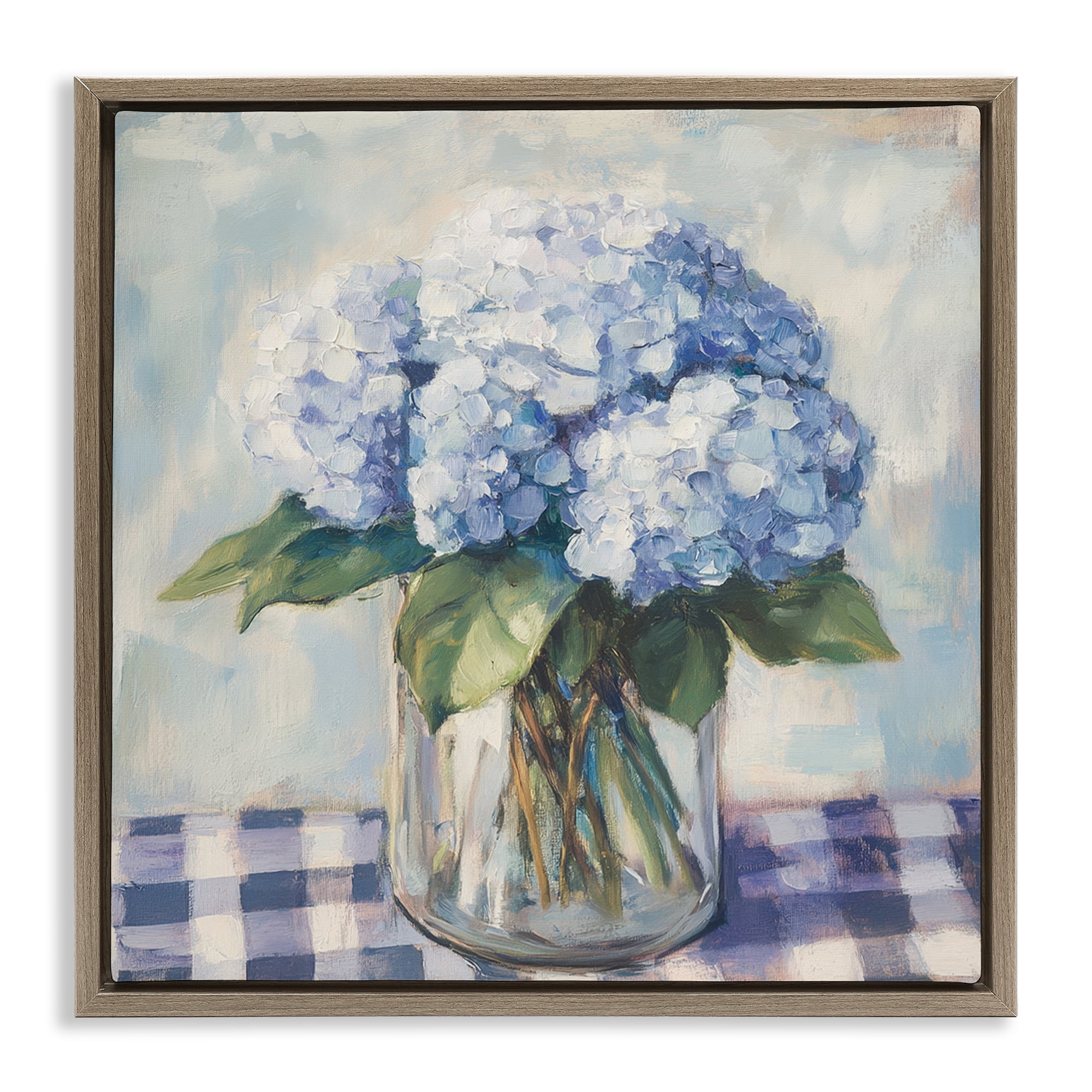 Stupell Industries Hydrangeas on Gingham Tablecloth Brown Framed Floater Canvas Wall Art, design by Petal Prints Design