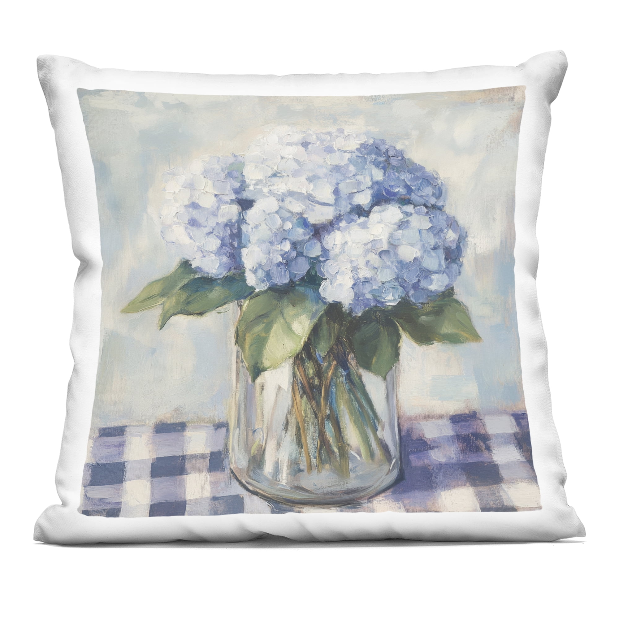 Stupell Industries Hydrangeas on Gingham Tablecloth Decorative Printed Throw Pillow, design by Petal Prints Design, 18 x 7 x 18