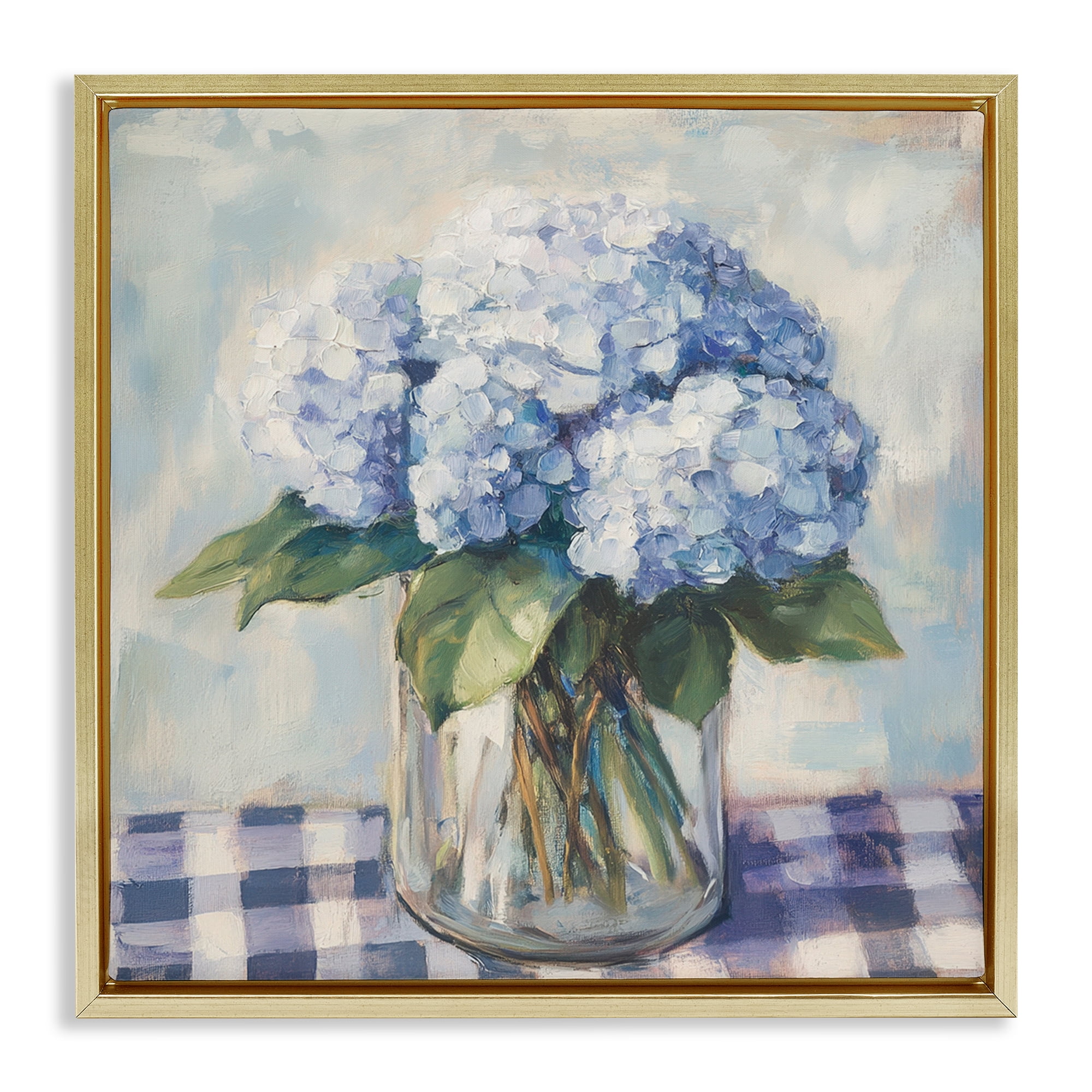 Stupell Industries Hydrangeas on Gingham Tablecloth Gold Framed Floater Canvas Wall Art, design by Petal Prints Design