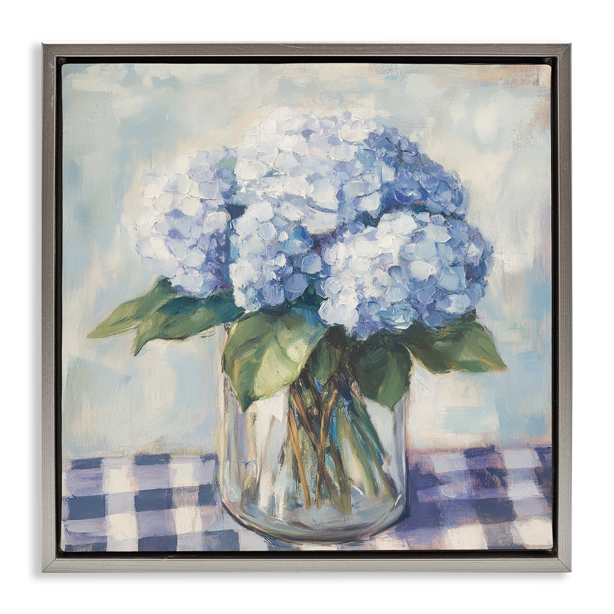 Stupell Industries Hydrangeas on Gingham Tablecloth Gray Framed Floater Canvas Wall Art, design by Petal Prints Design