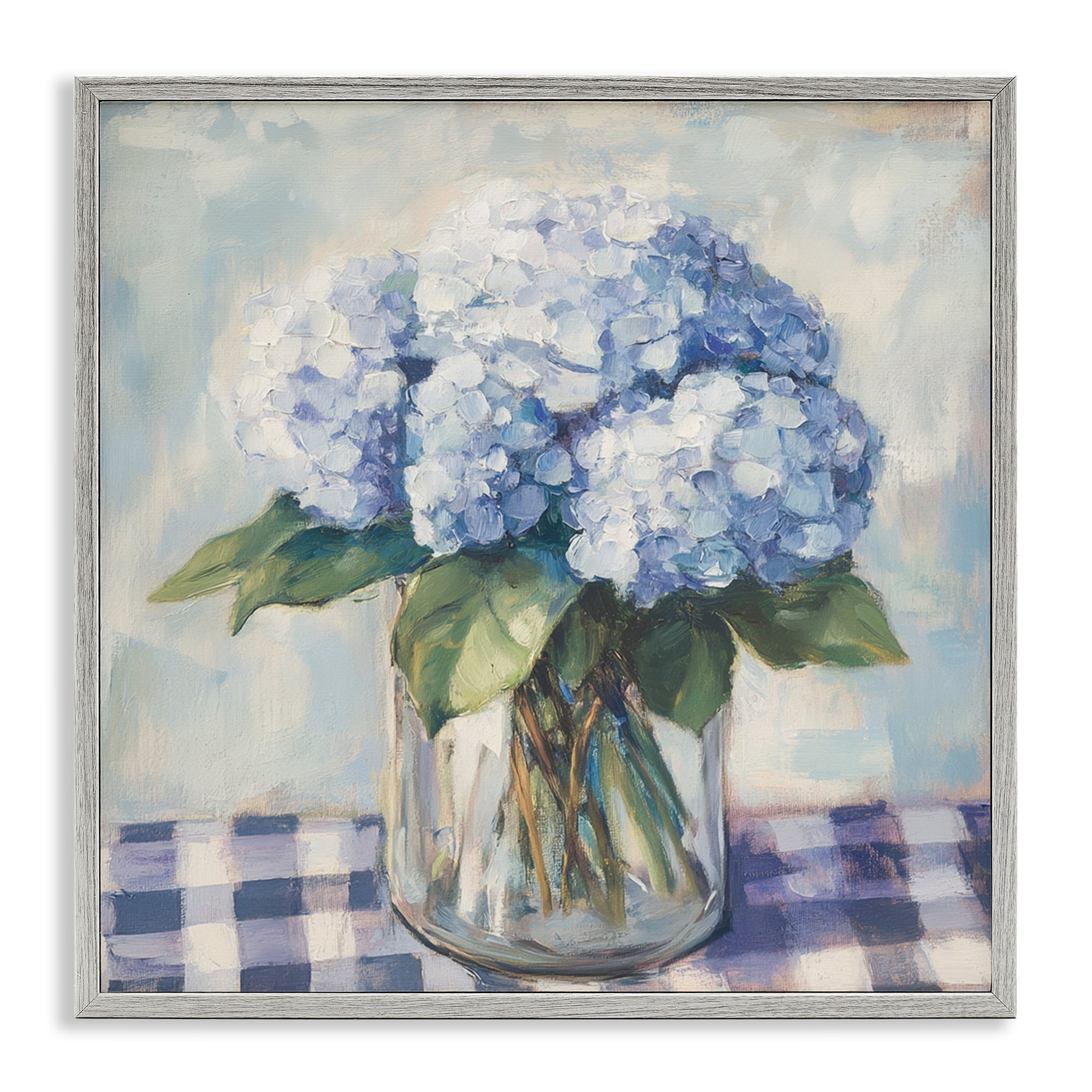 Stupell Industries Hydrangeas on Gingham Tablecloth Gray Framed Giclee Art, design by Petal Prints Design