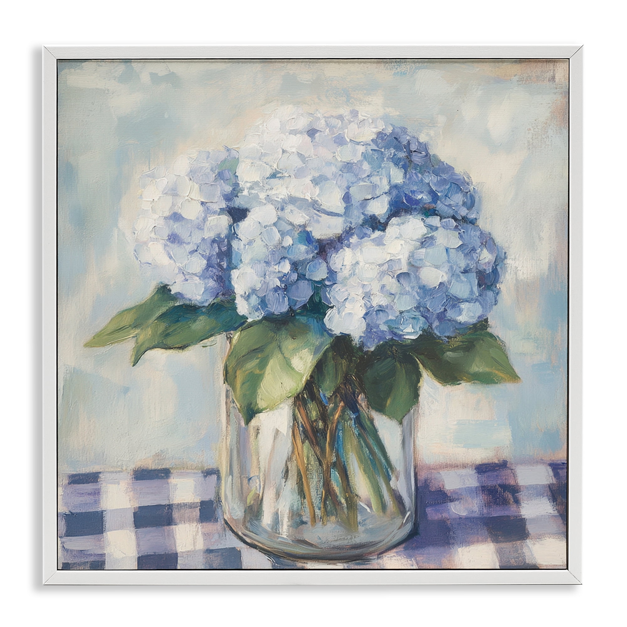 Stupell Industries Hydrangeas on Gingham Tablecloth White Framed Giclee Art, design by Petal Prints Design