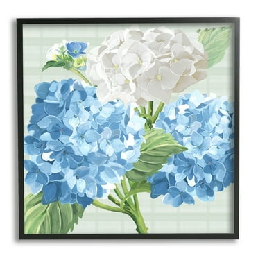 Stupell Industries Hydrangeas on Plaid Botanical & Floral Painting Black Framed Art Print Wall Art, 12 x 12
