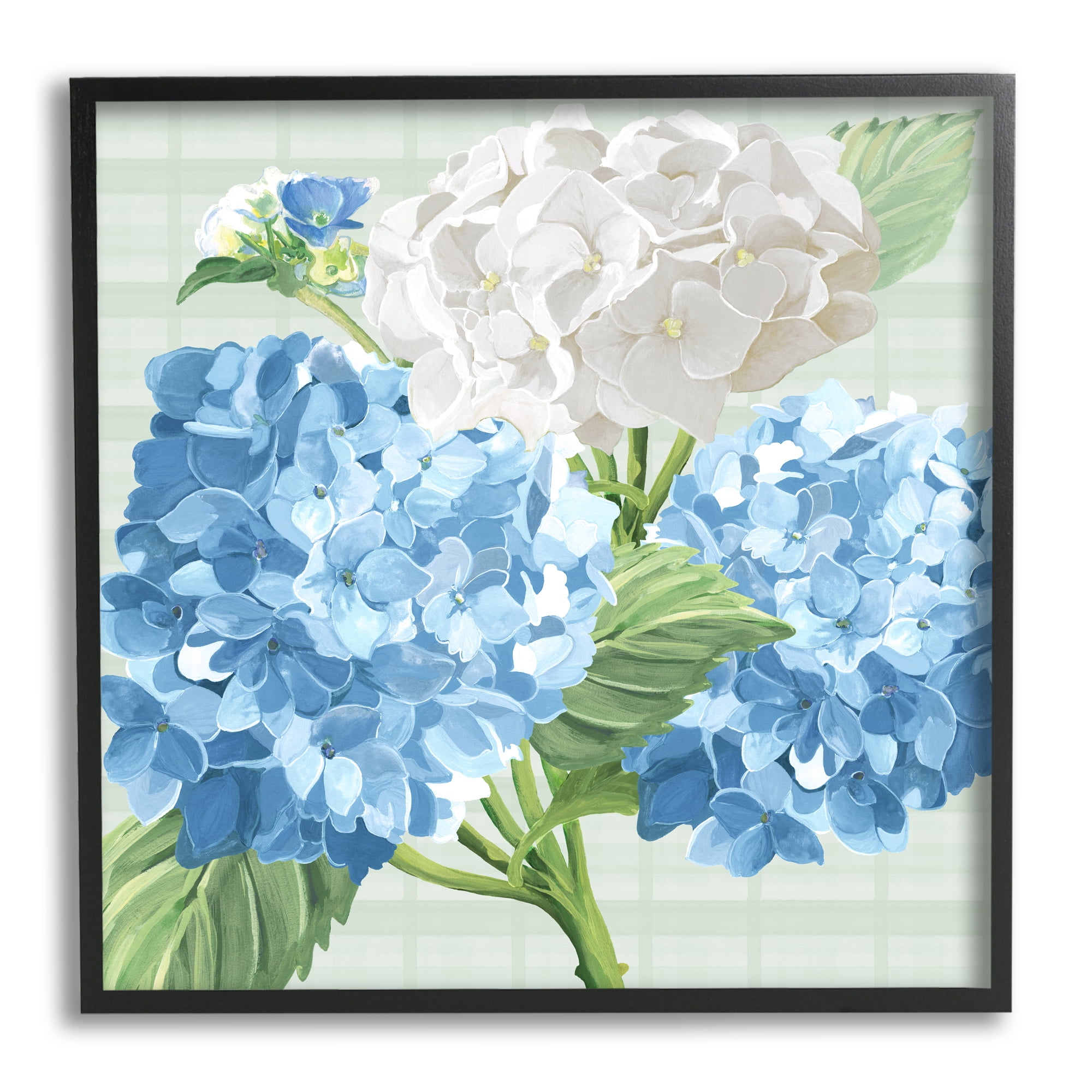 Stupell Industries Hydrangeas on Plaid Botanical & Floral Painting Black Framed Art Print Wall Art, 17 x 17