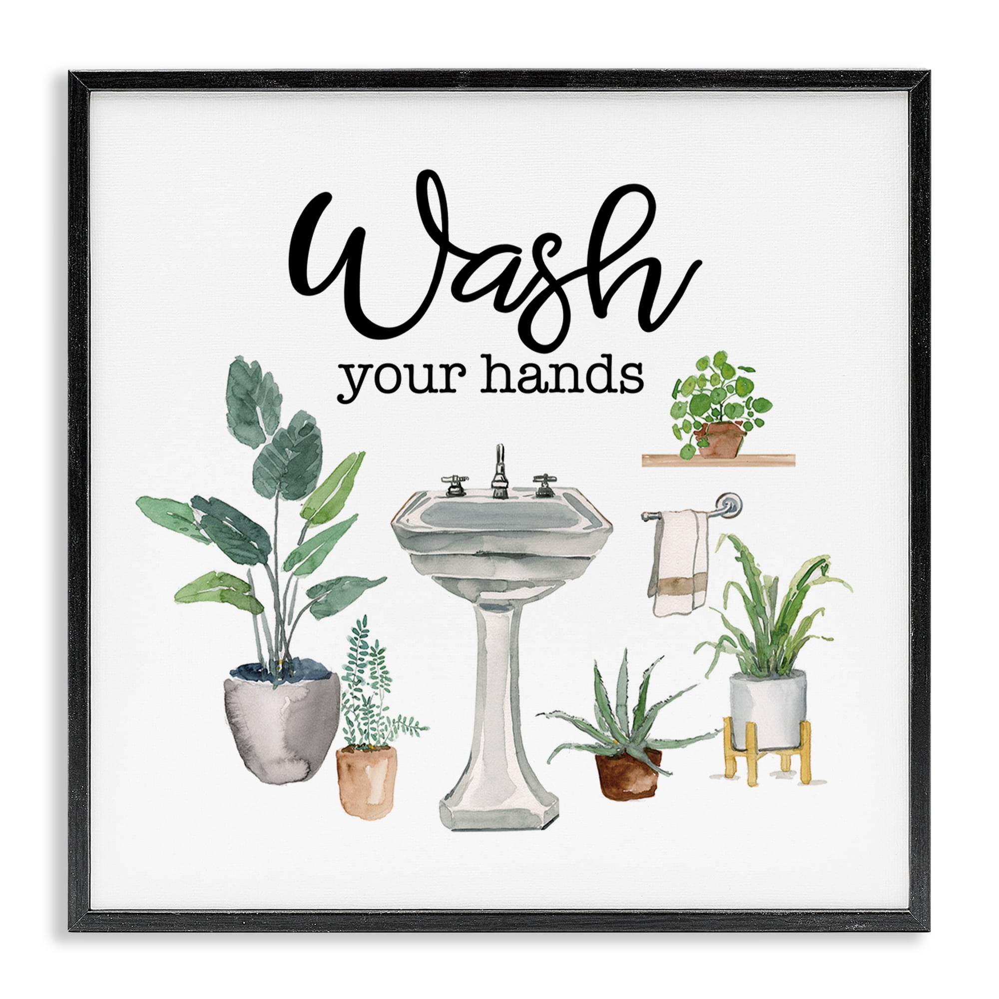 Stupell Industries Hygiene Phrase with Plants Bath & Laundry Painting Black Framed Art Print Wall Art, 12 x 12