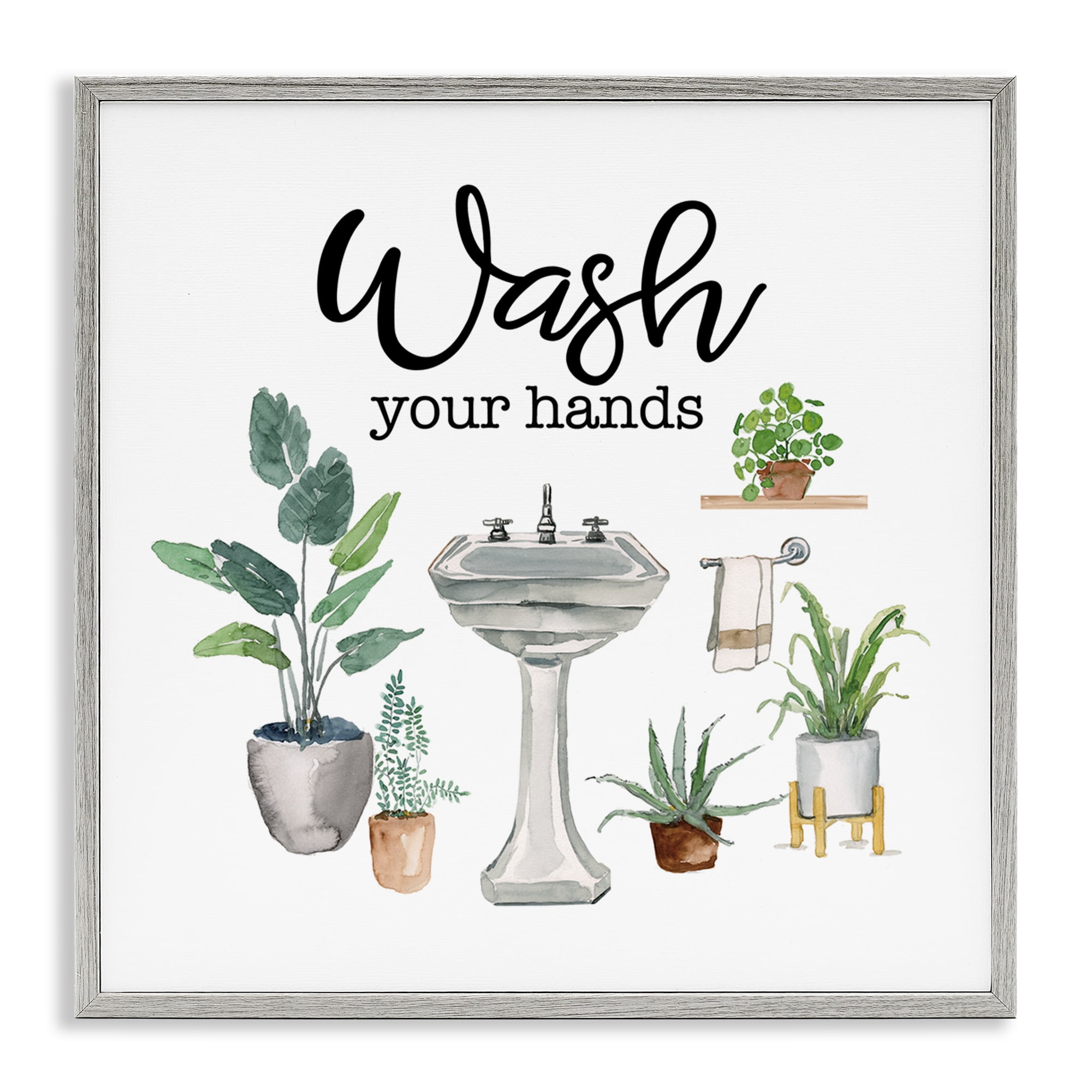 Stupell Industries Hygiene Phrase with Plants Bath & Laundry Painting Gray Framed Art Print Wall Art, 24 x 24