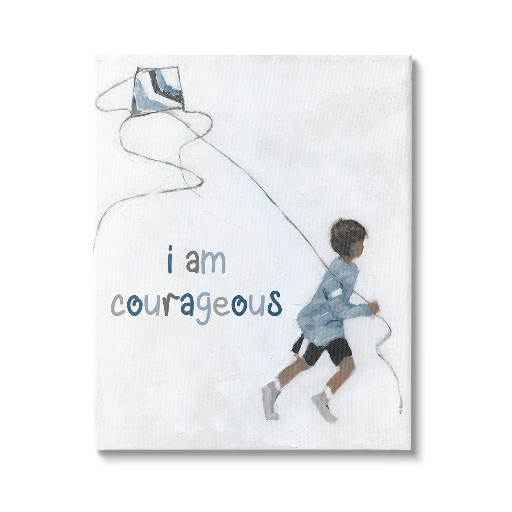 I Am Courageous Child Flying Kite Blue and White Canvas Art