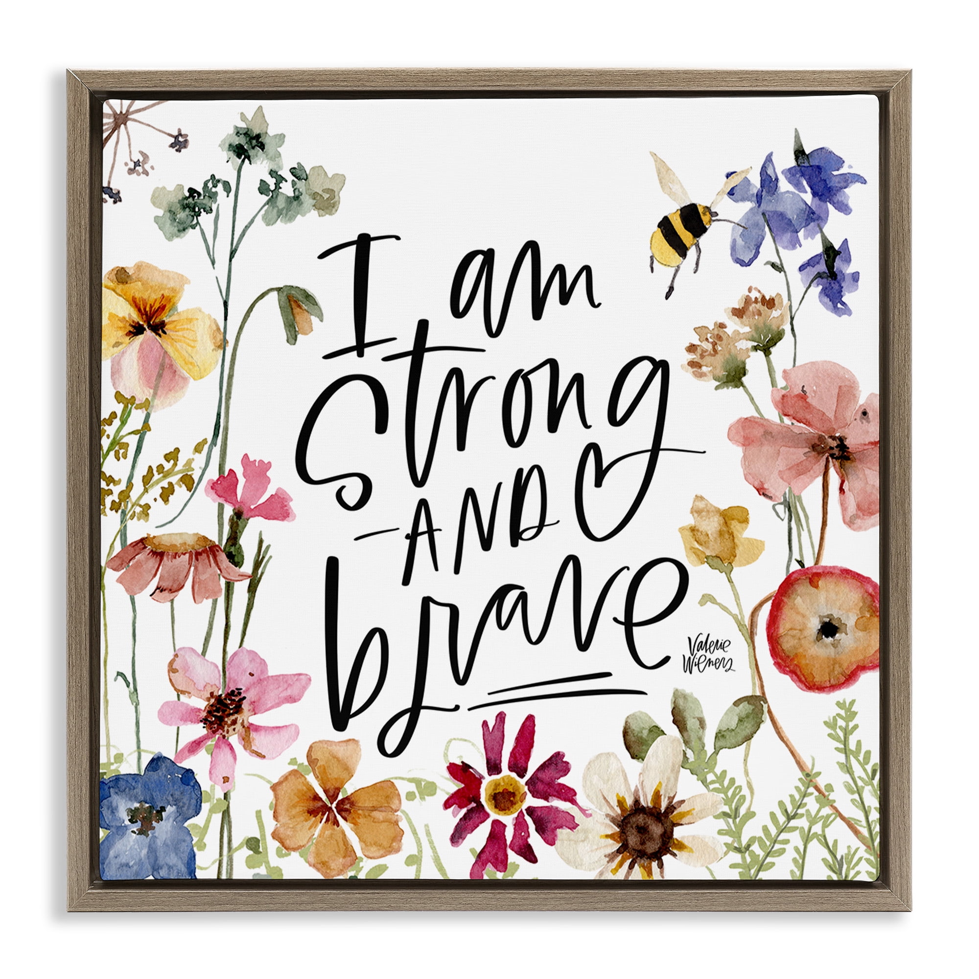 Stupell Industries I Am Strong & Brave Inspirational Botanical & Floral Painting Brown Floater Framed Canvas Art Print Wall Art, 18 x 18