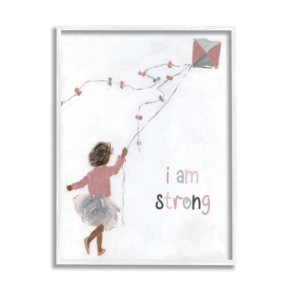 Stupell Industries I Am Strong Motivating Kids Kite Flying Painting Graphic Art White Framed Art Print Wall Art, Design by Sally Swatland