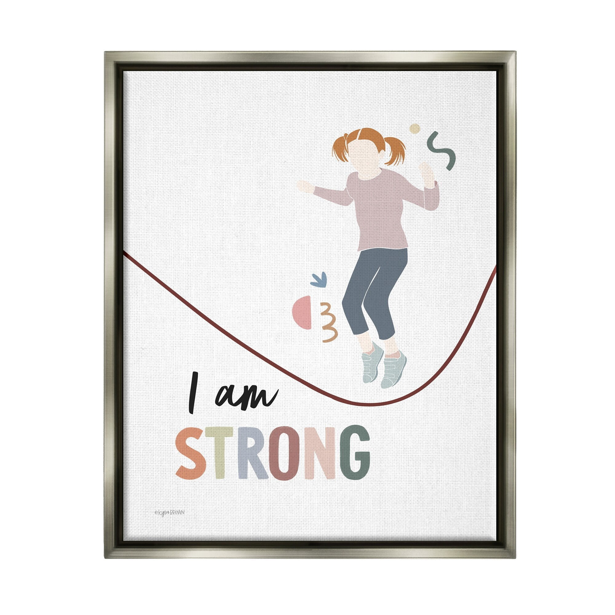 Stupell Industries I Am Strong Uplifting Girl Jumping Rope Phrase Graphic Art Luster Gray Floating Framed Canvas Print Wall Art, Design by Kyra Brown