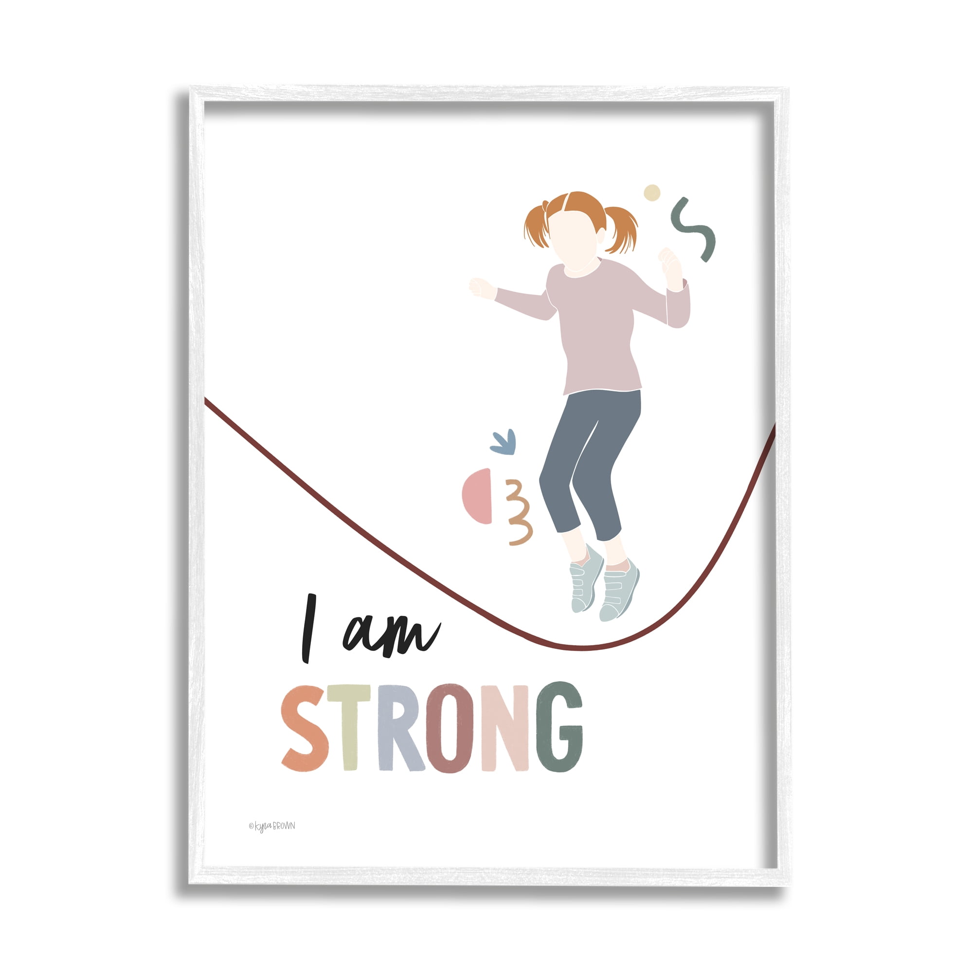 Stupell Industries I Am Strong Uplifting Girl Jumping Rope Phrase Graphic Art White Framed Art Print Wall Art, Design by Kyra Brown