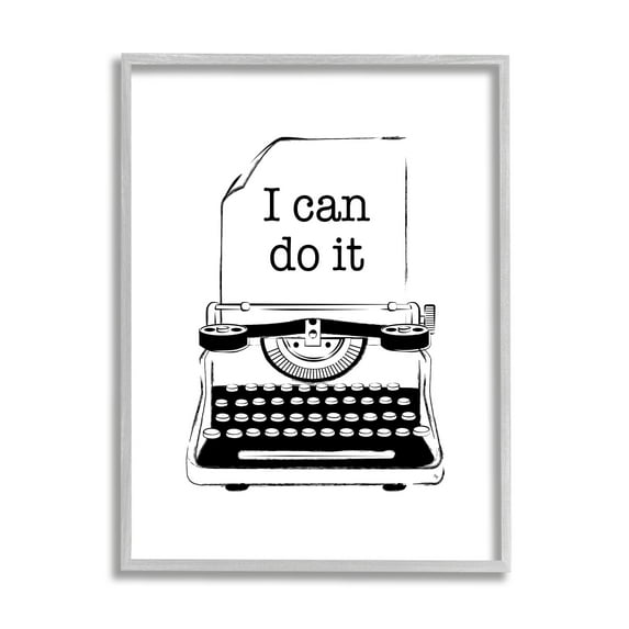 Stupell Industries I Can Do It Typewriter Typography Painting Gray Framed Art Print Wall Art, 16 x 20