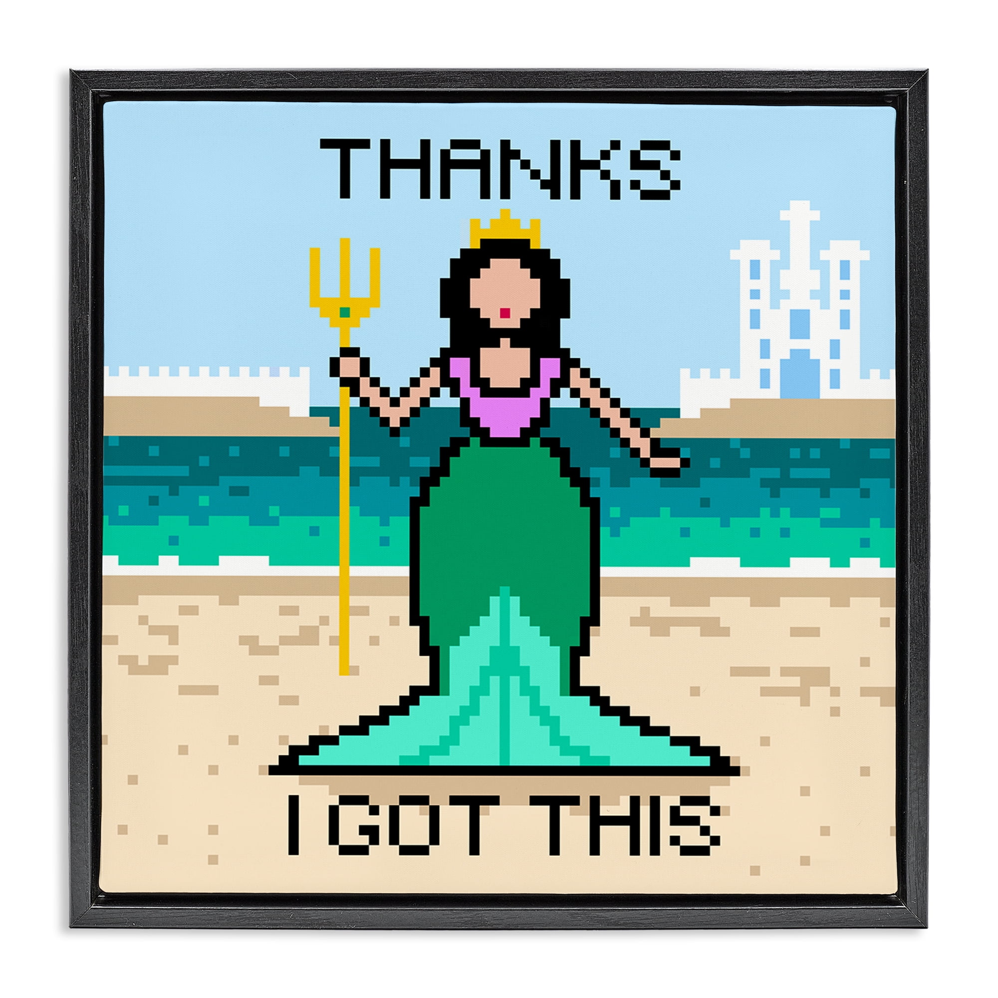 Stupell Industries I Got This Pixel Mermaid People Painting Black Floater Framed Canvas Art Print Wall Art, 25 x 25