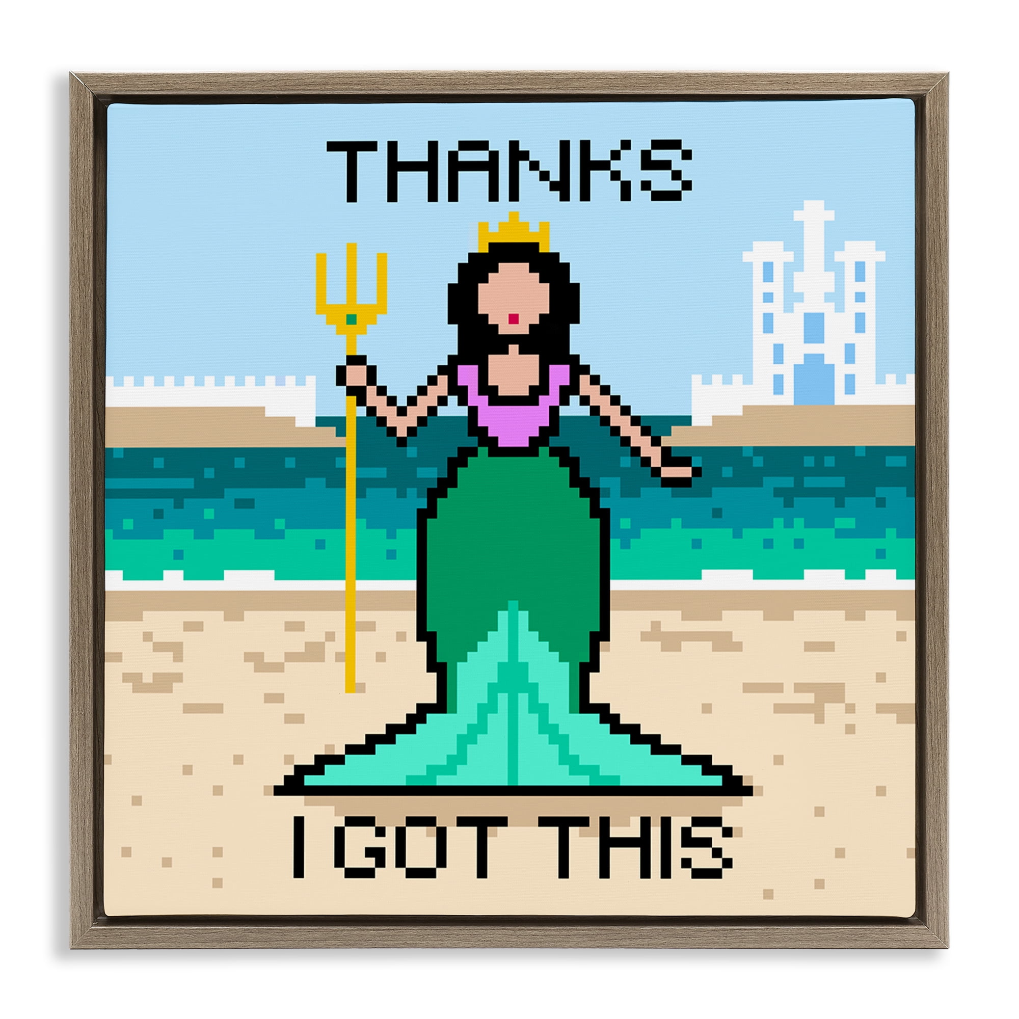 Stupell Industries I Got This Pixel Mermaid People Painting Brown Floater Framed Canvas Art Print Wall Art, 25 x 25
