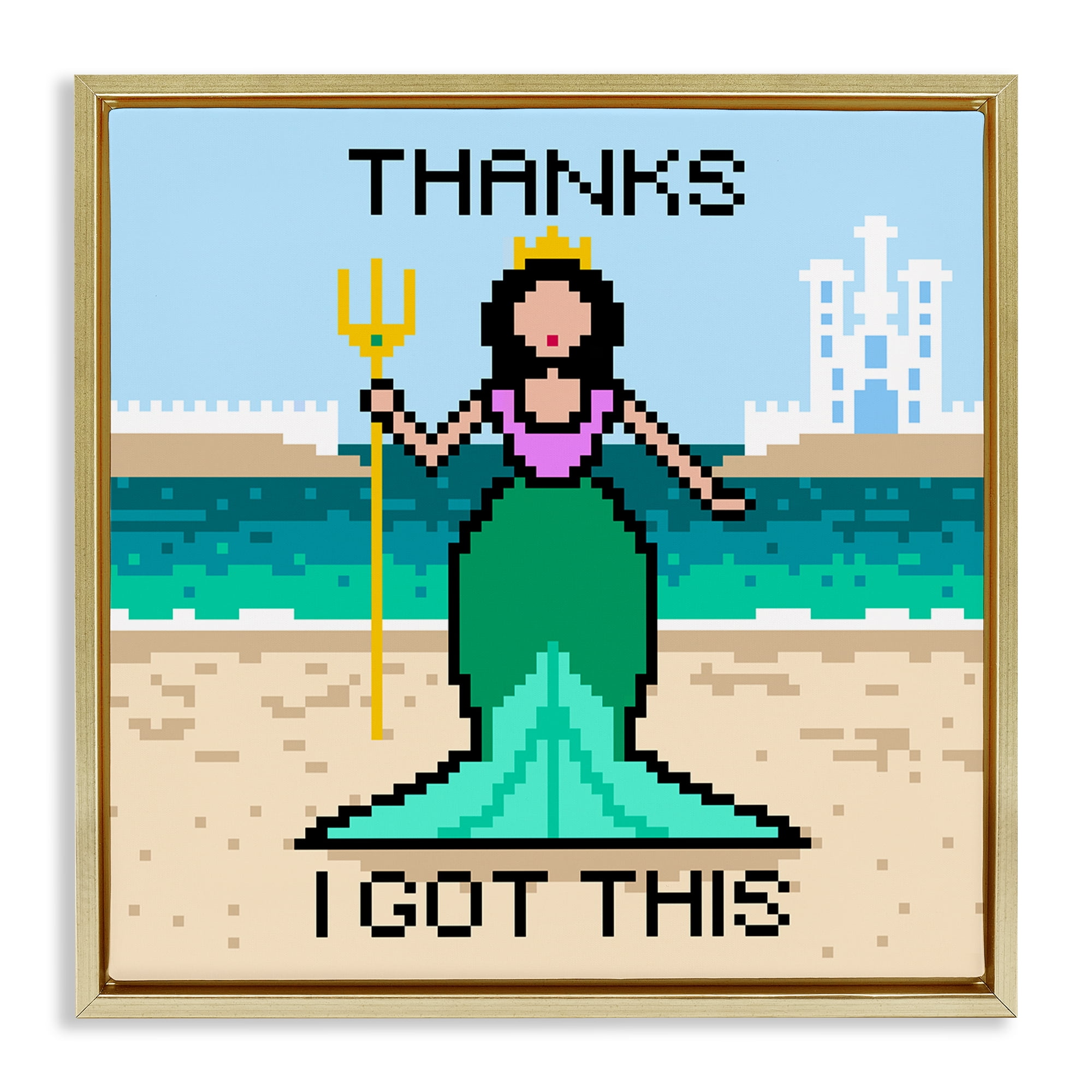 Stupell Industries I Got This Pixel Mermaid People Painting Gold Floater Framed Canvas Art Print Wall Art, 25 x 25