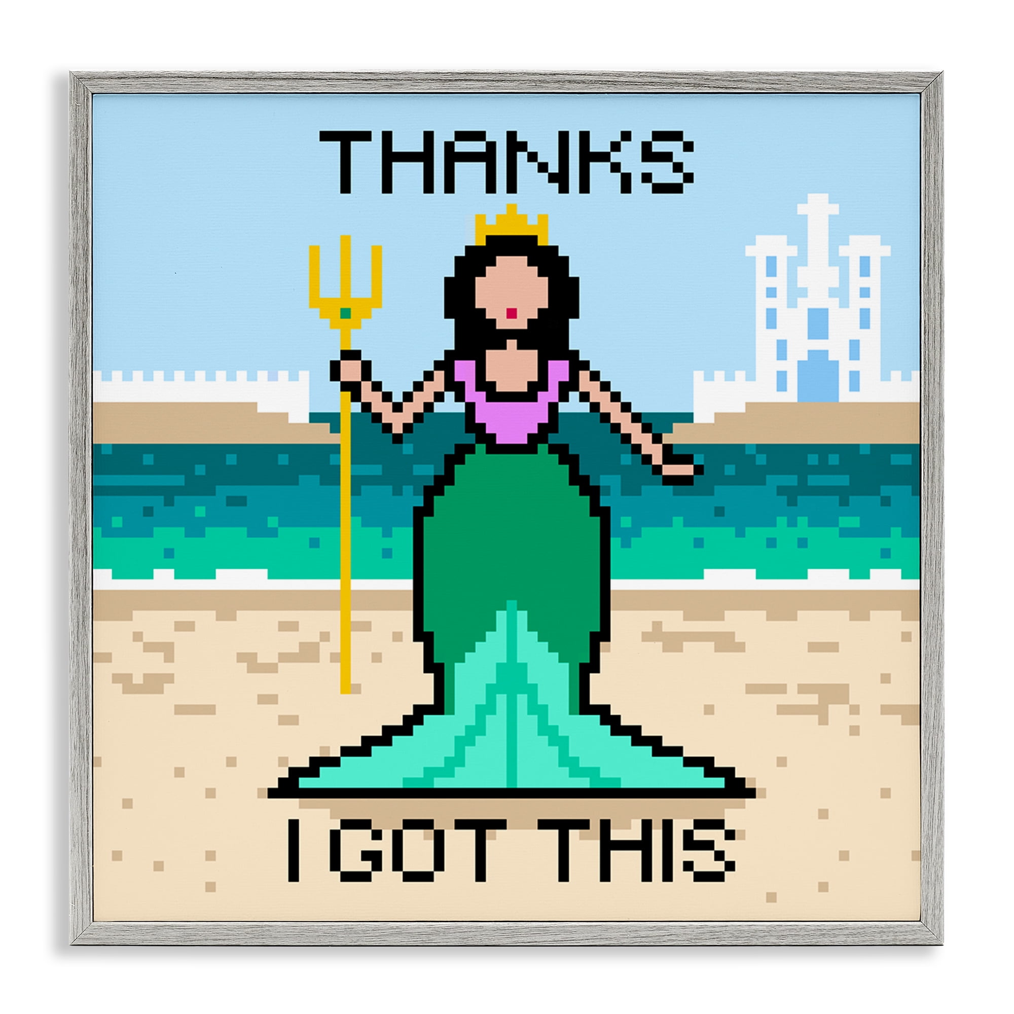 Stupell Industries I Got This Pixel Mermaid People Painting Gray Framed Art Print Wall Art, 24 x 24